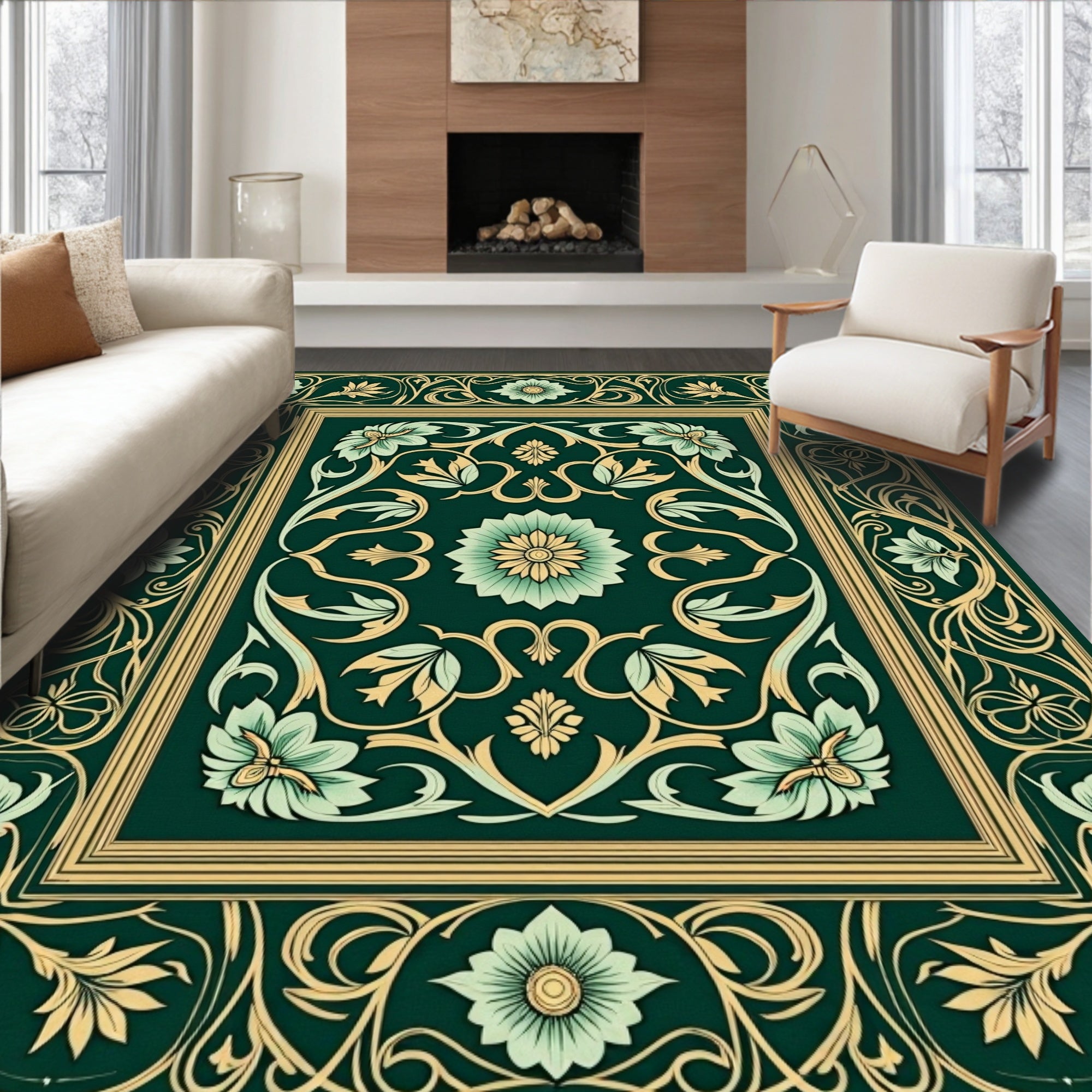 Green Gold Floral Art Nouveau Rug