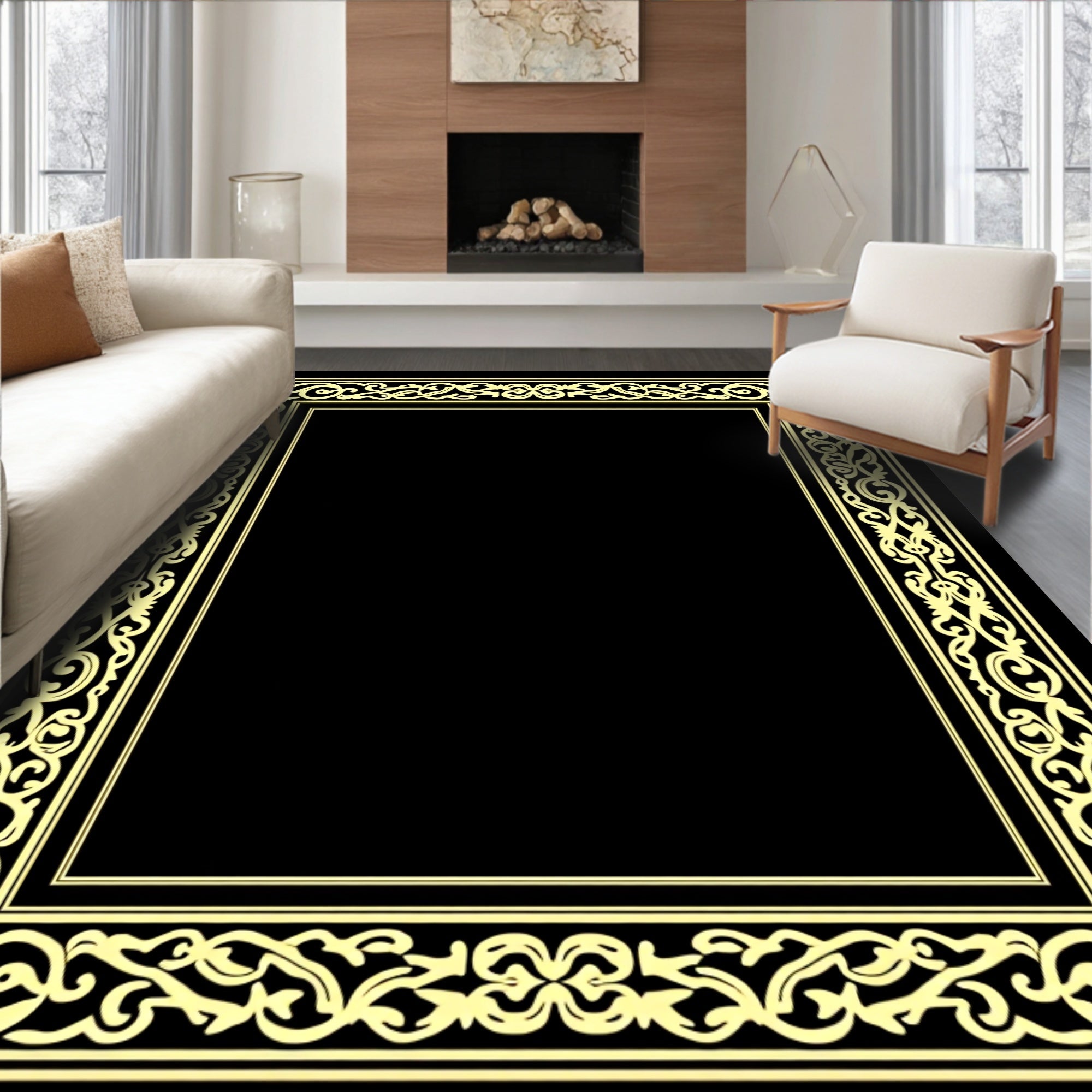 Ornate Yellow Scrollwork Border Design Rug