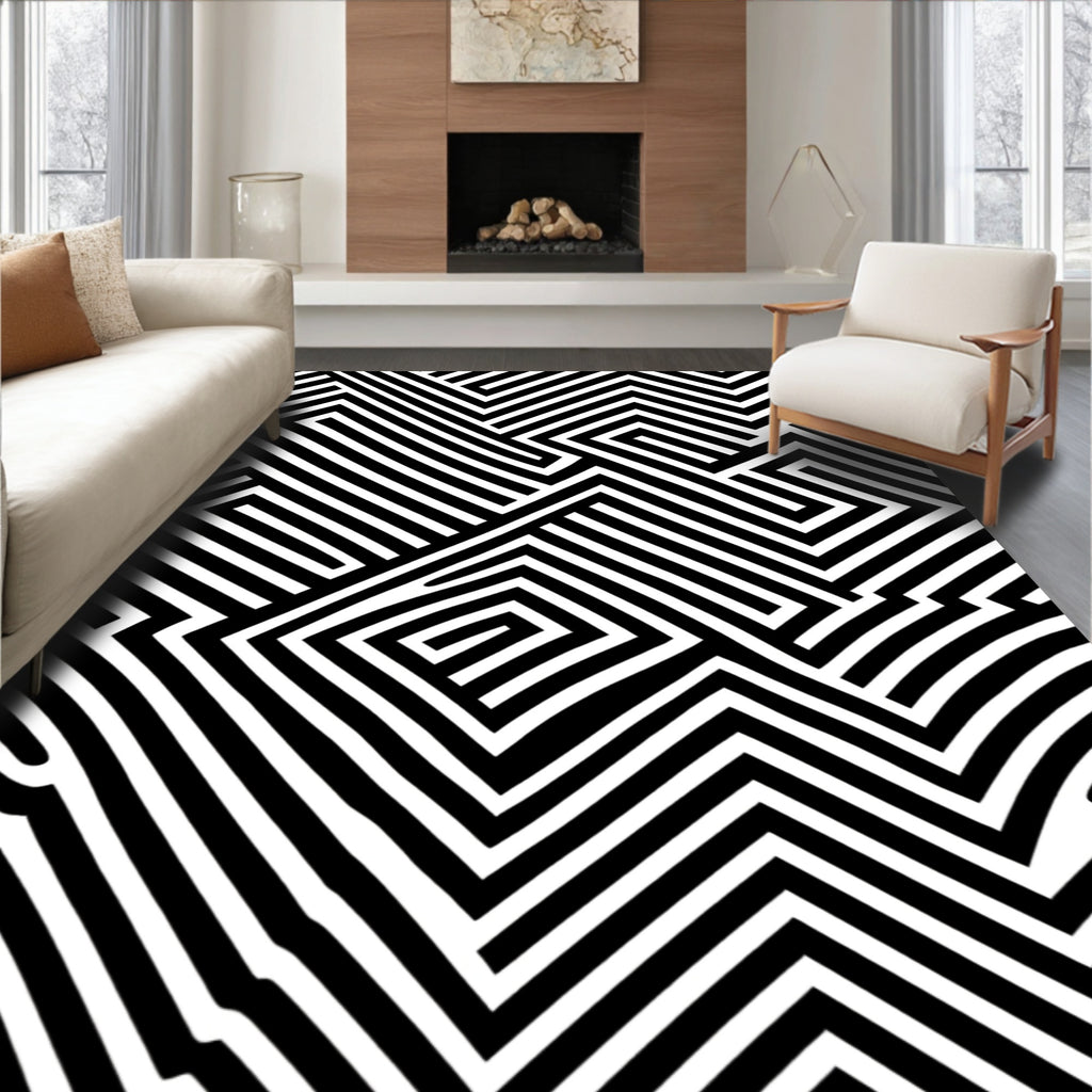 Bold Black White Maze Pattern Rug