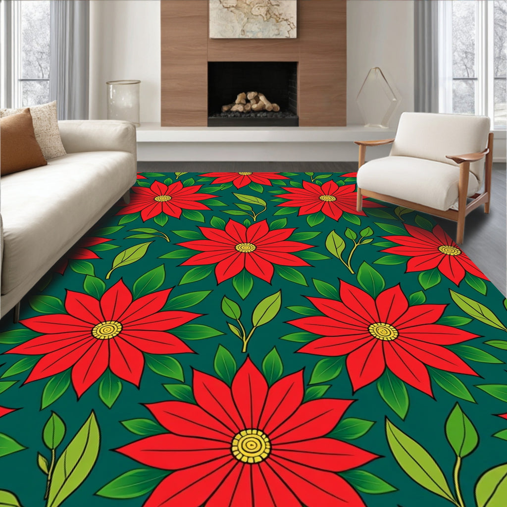 Crimson Poinsettia Garden Teal Rug