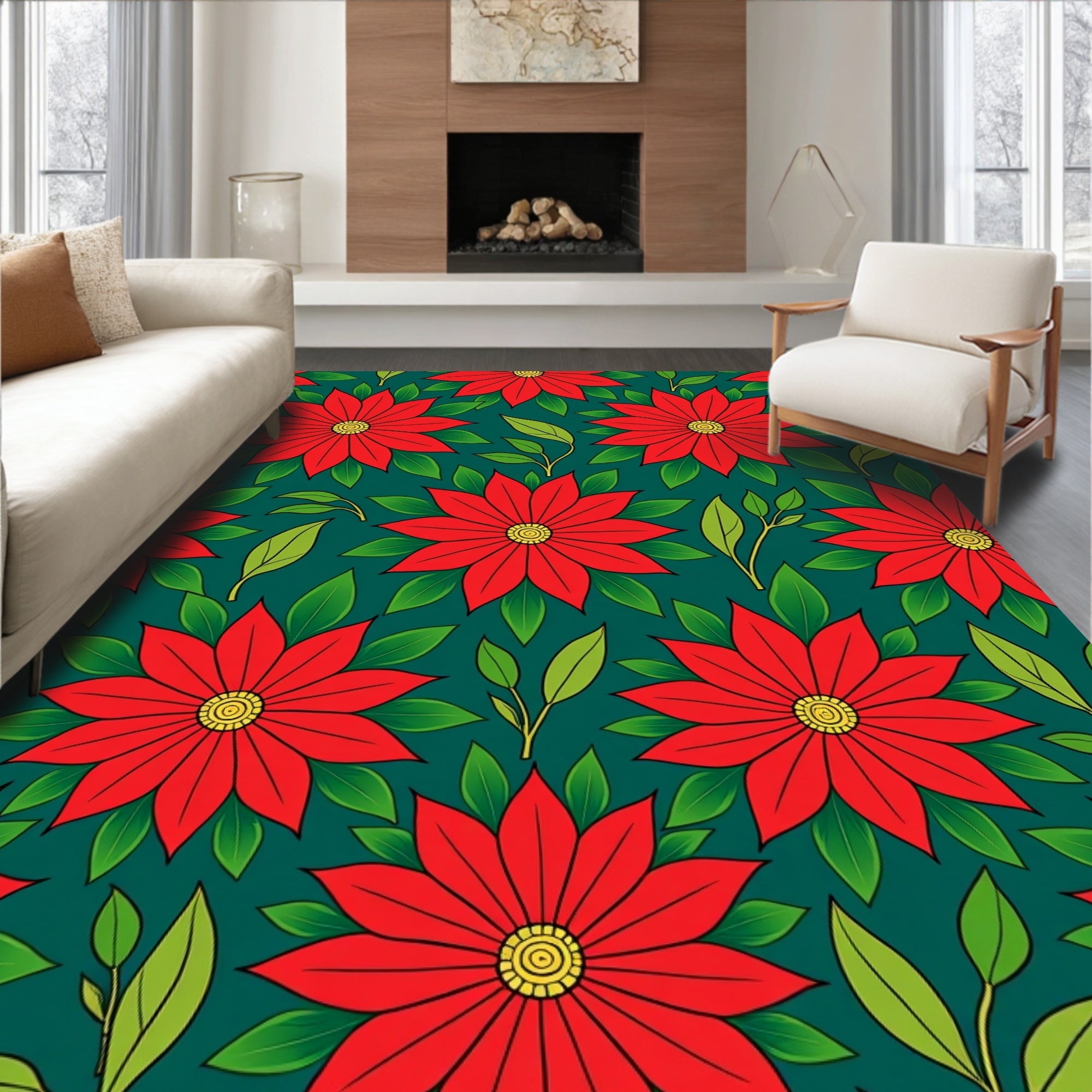 Crimson Poinsettia Garden Teal Rug