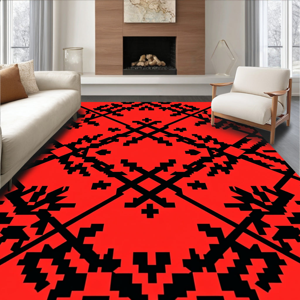 Geometric Red Black Pixelated Pattern Rug