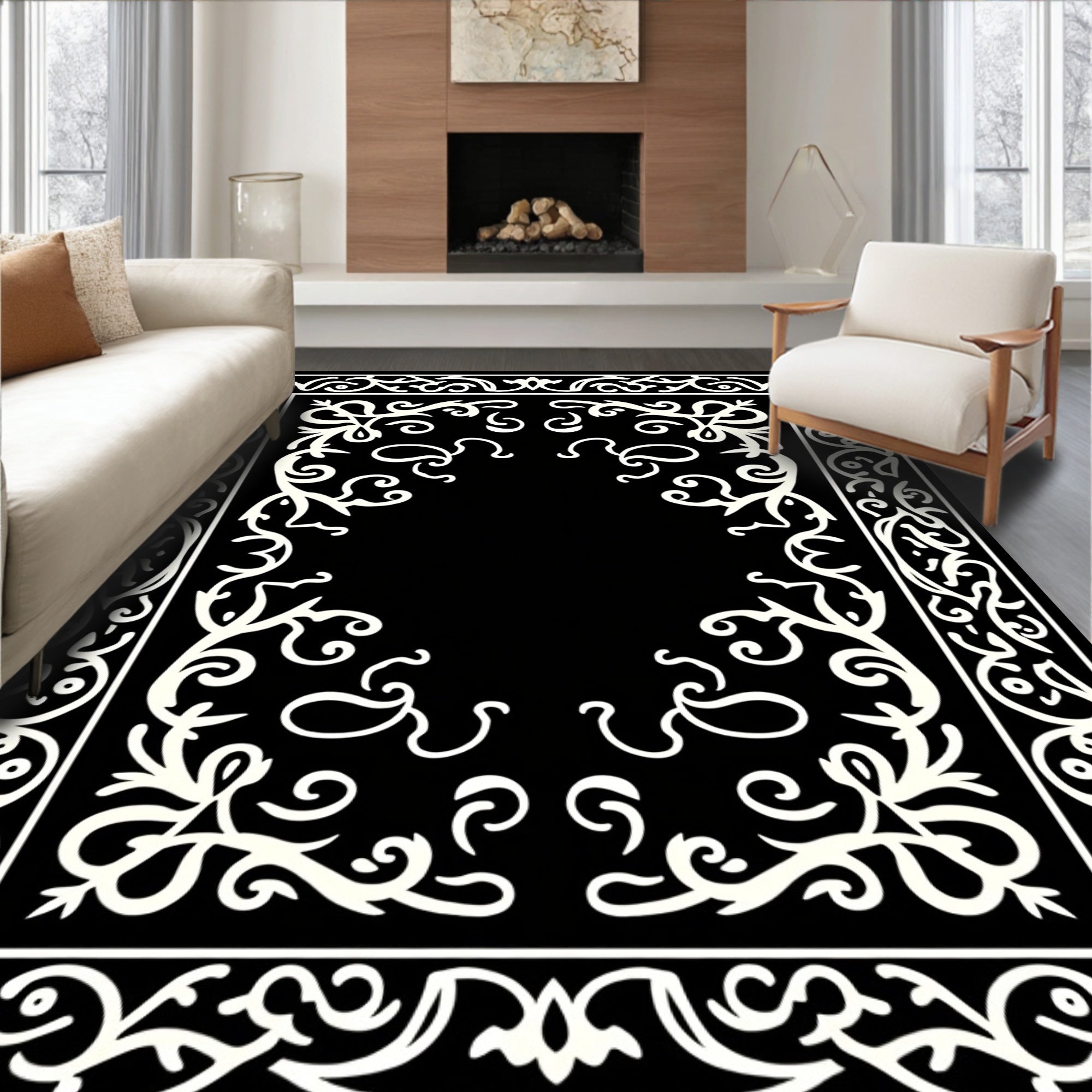 Ornate Scroll Border Pattern Design Rug