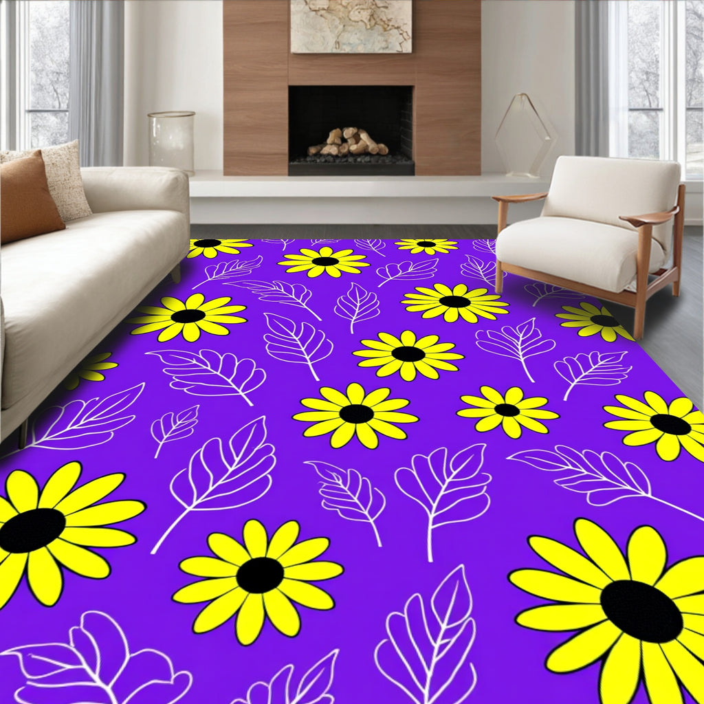 Vibrant Yellow Flower Leaf Pattern Rug