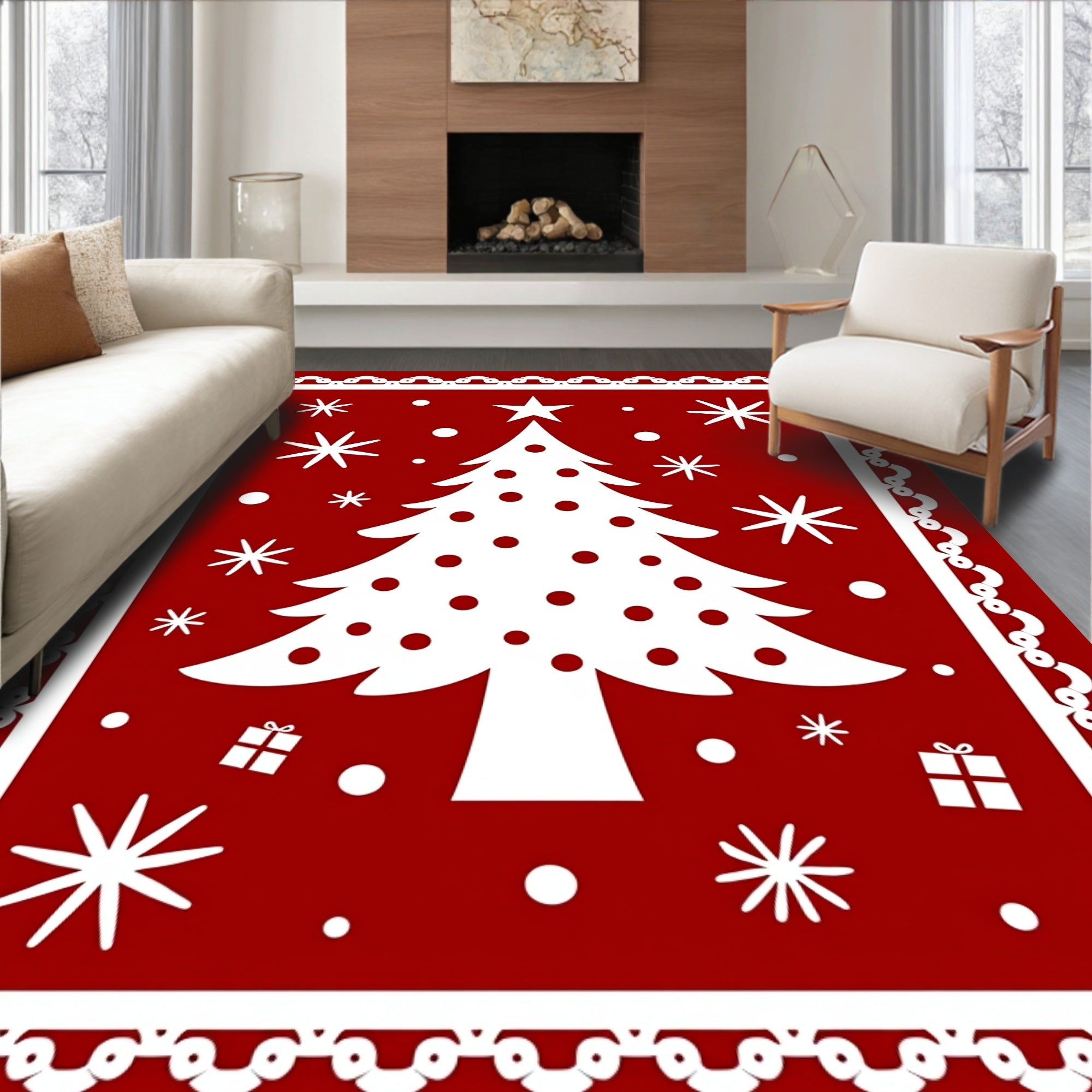 Red Christmas Tree Snowflake Pattern Design Rug