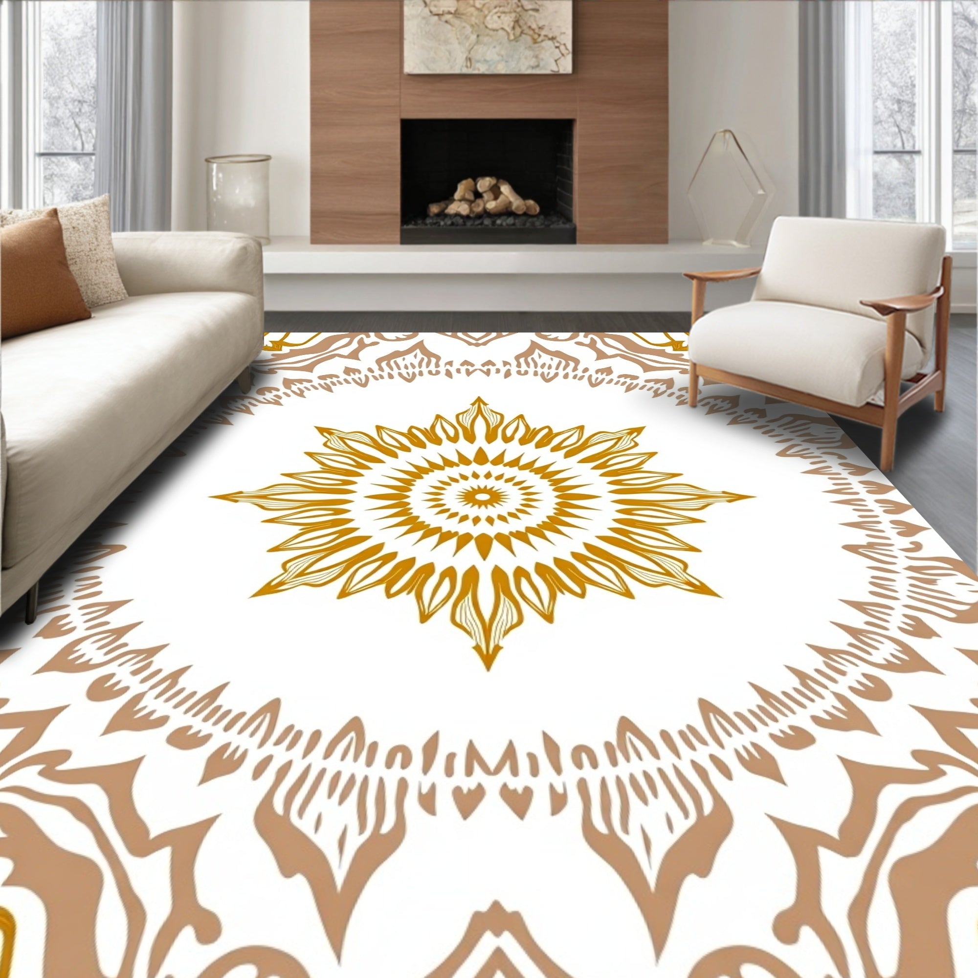 Golden Tan Floral Mandala Pattern Rug