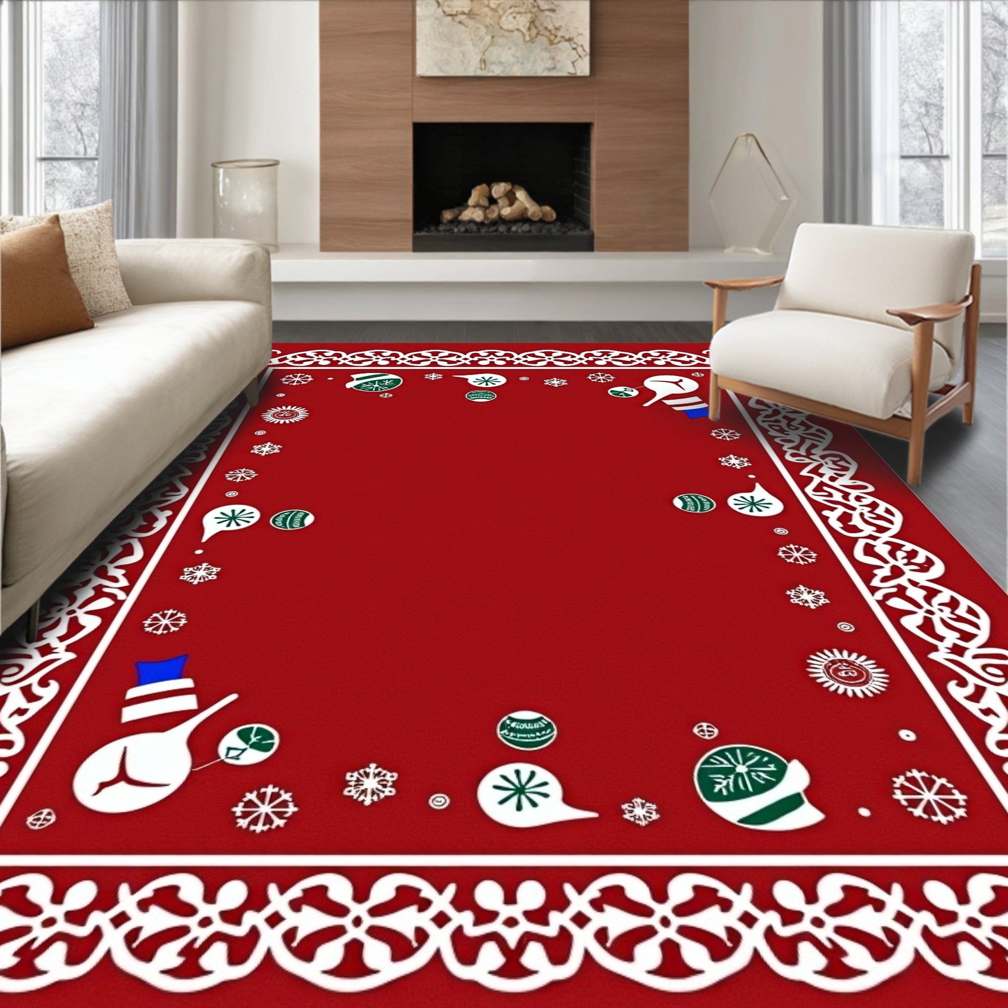 Red Snowman Snowflake Festive Frame Rug