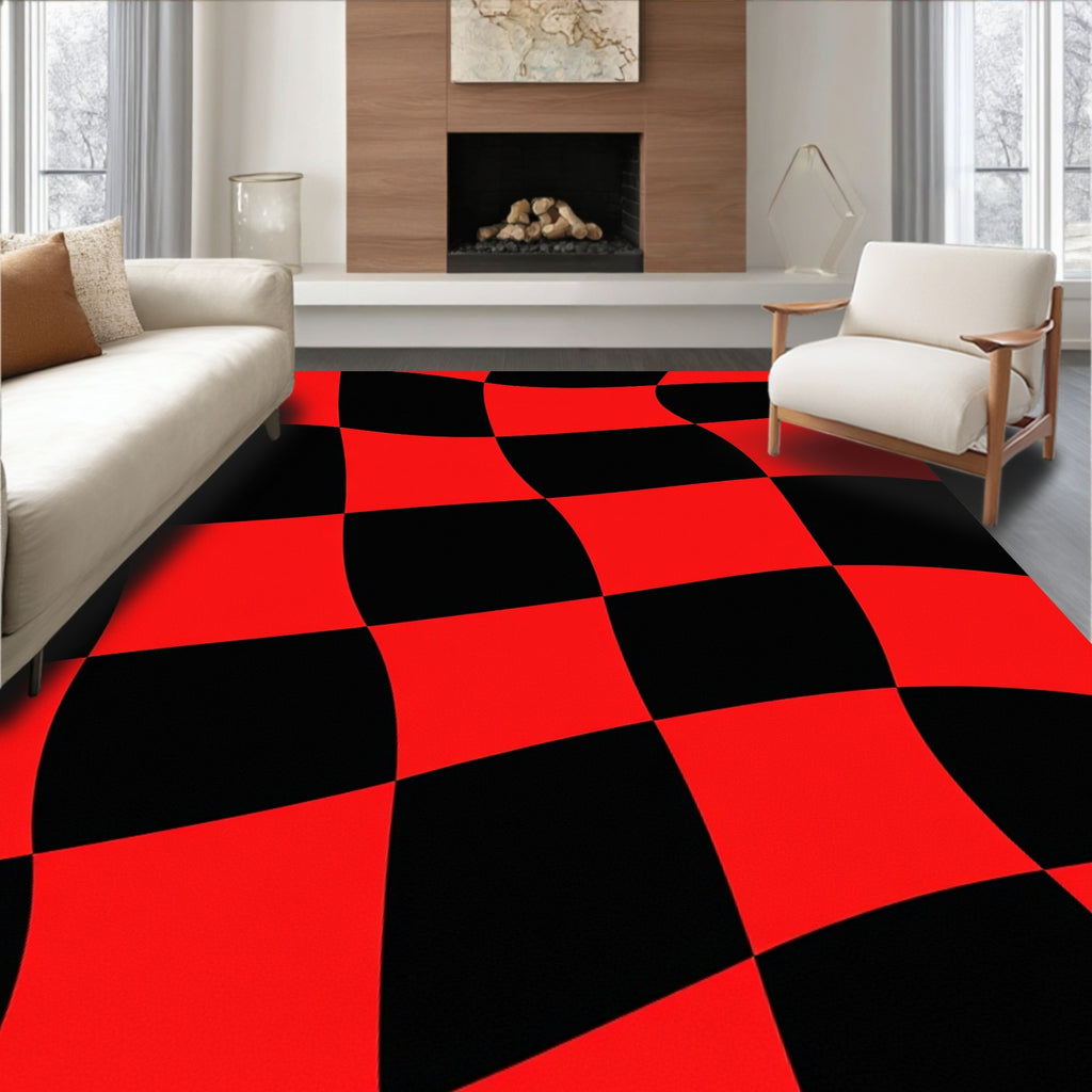 Bold Red Black Checkered Waves Rug