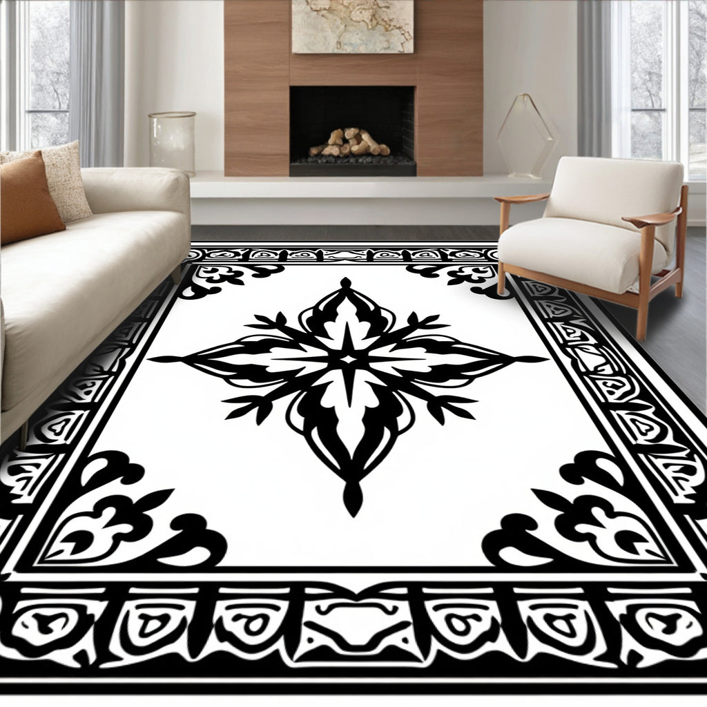 Ornate Black White Geometric Mandala Rug