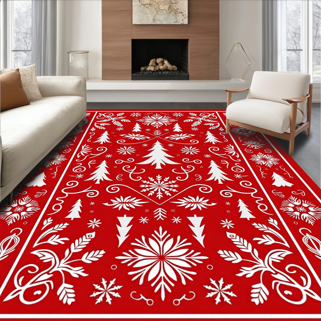 Red White Festive Winter Snowflakes Rug