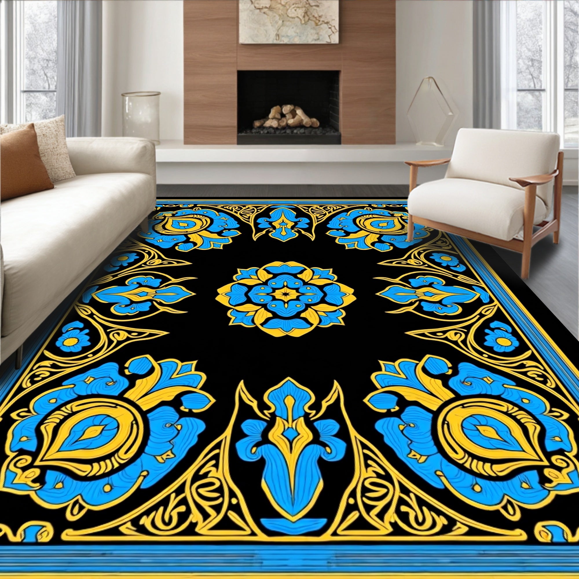 Bold Blue Yellow Floral Scroll Rug