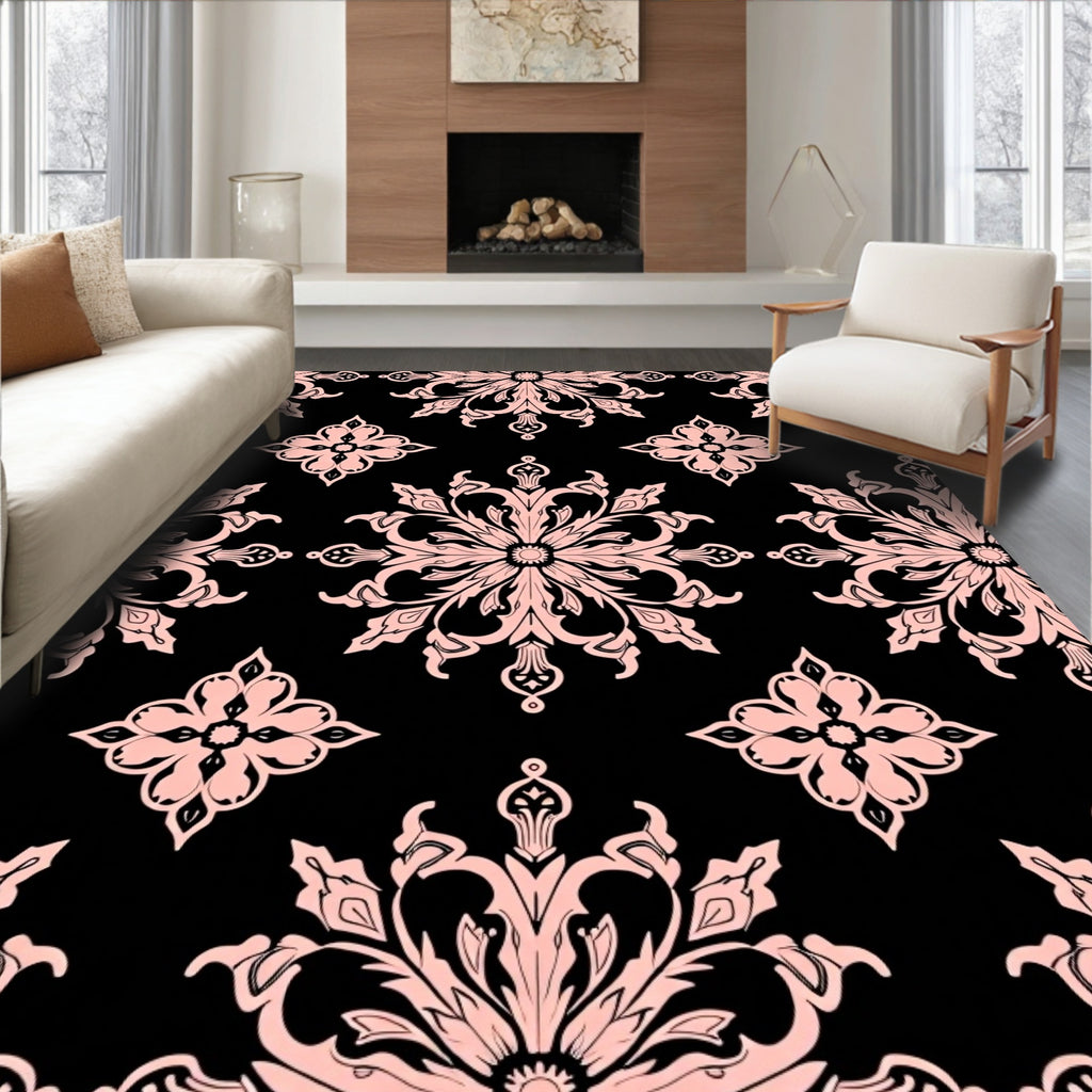 Damask Floral Black And Pink Design Rug