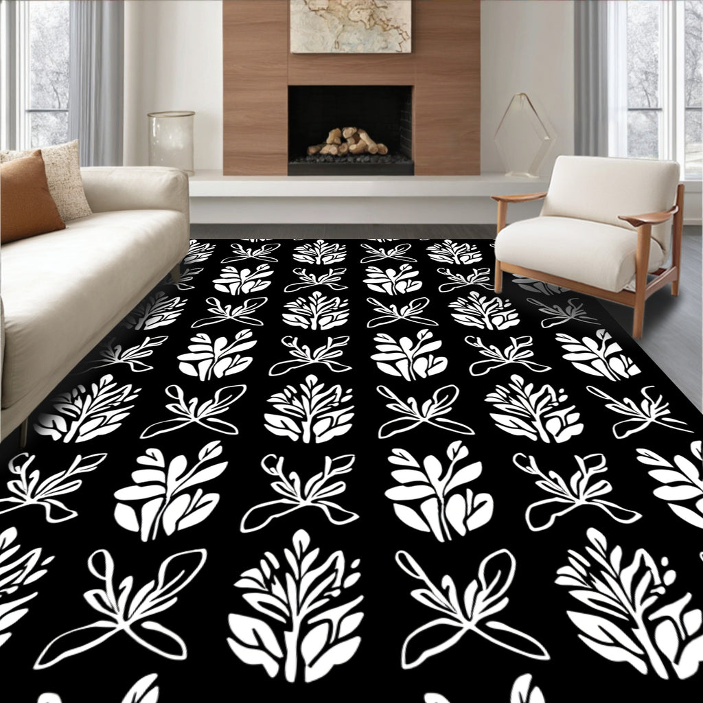Bold White Leafy Pattern Rug
