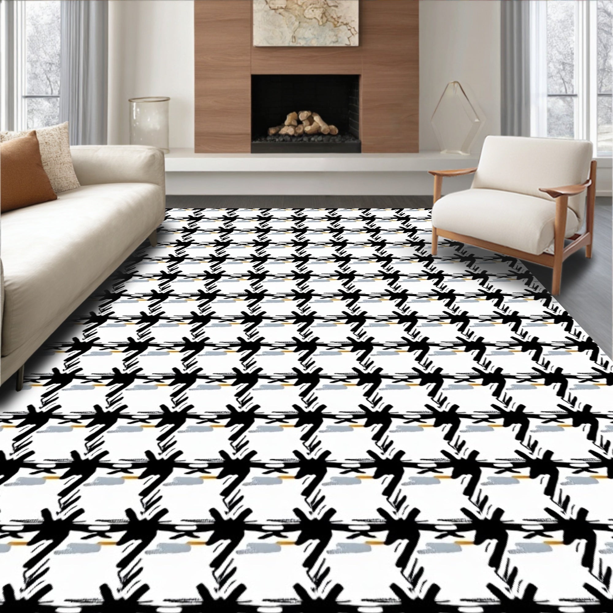 Black White Checked Brushstroke Pattern Rug