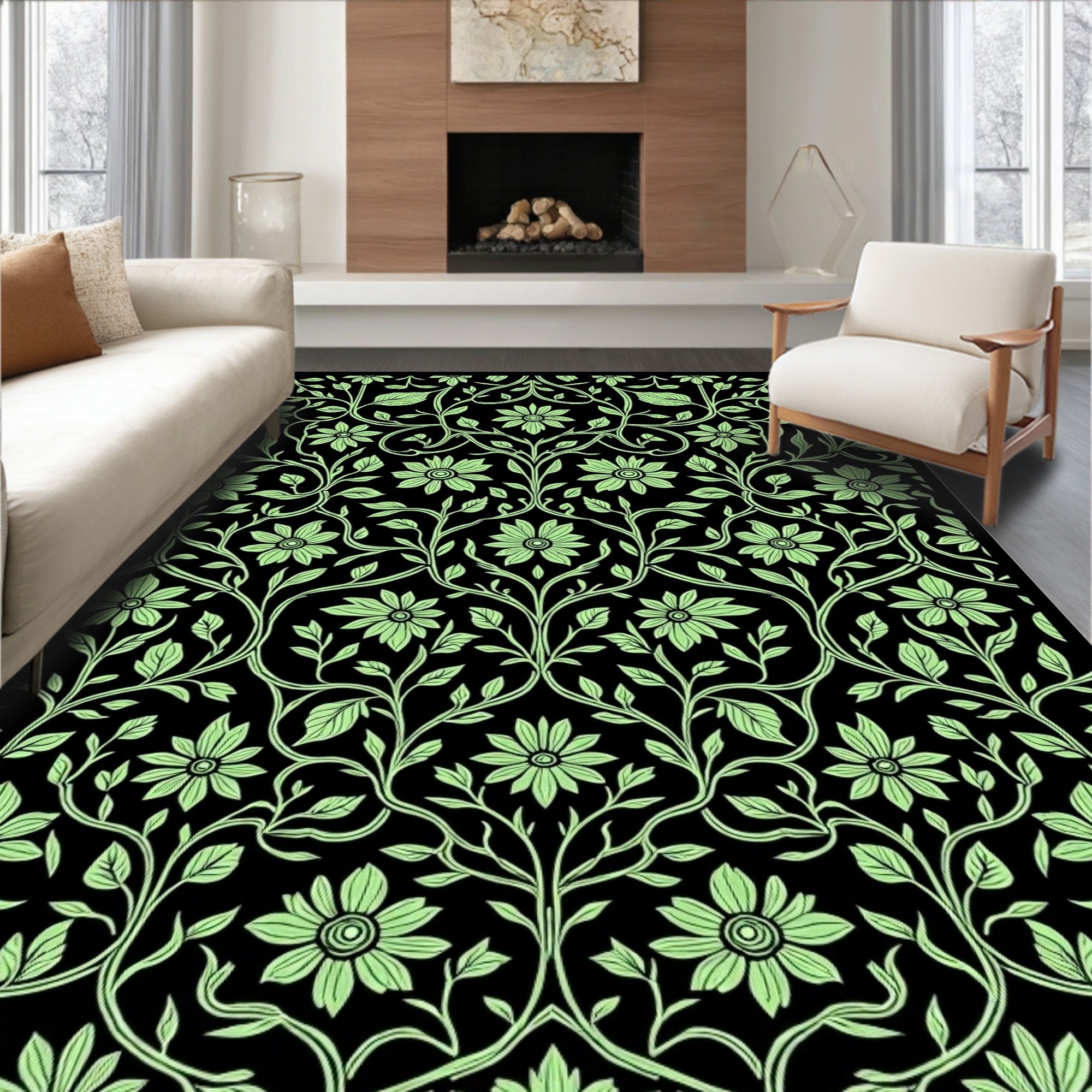 Green Floral Vine Patterned Design Rug