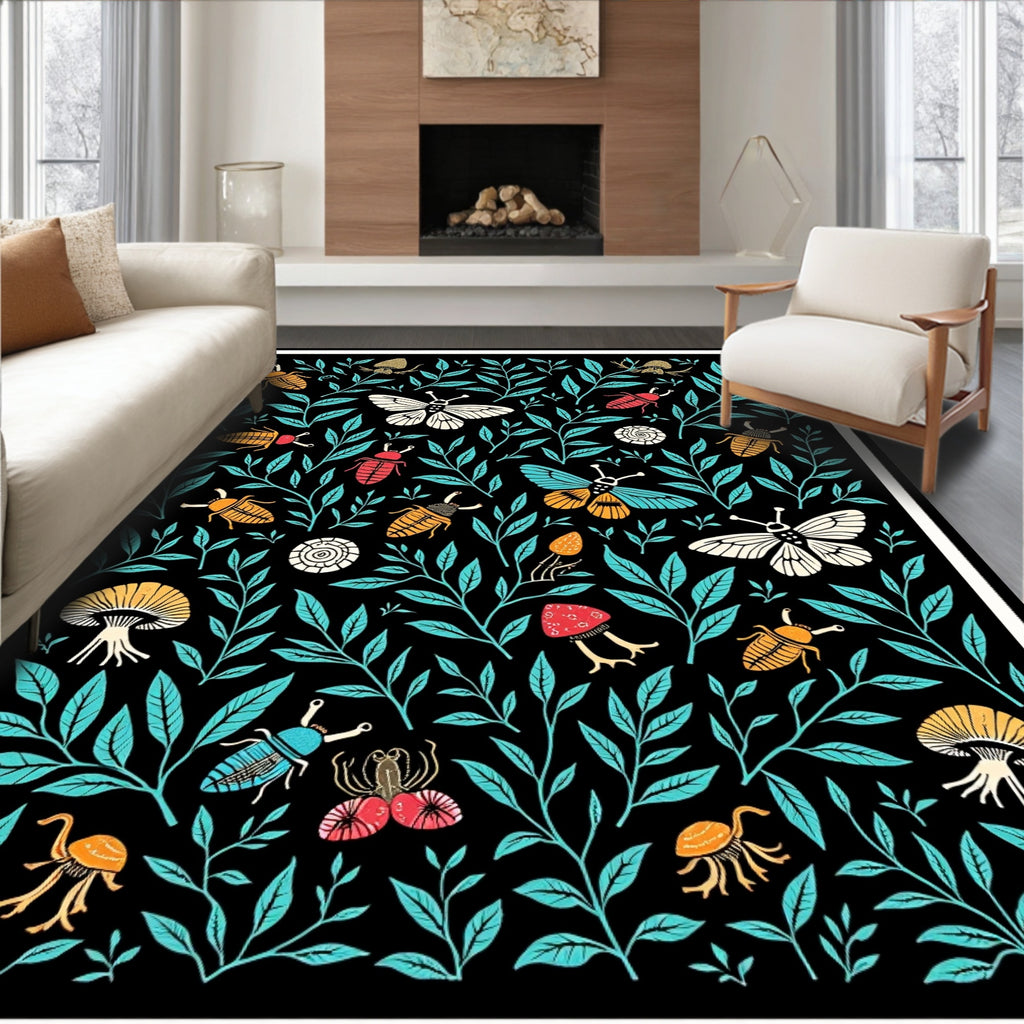Black Beetle Butterfly Floral Rug