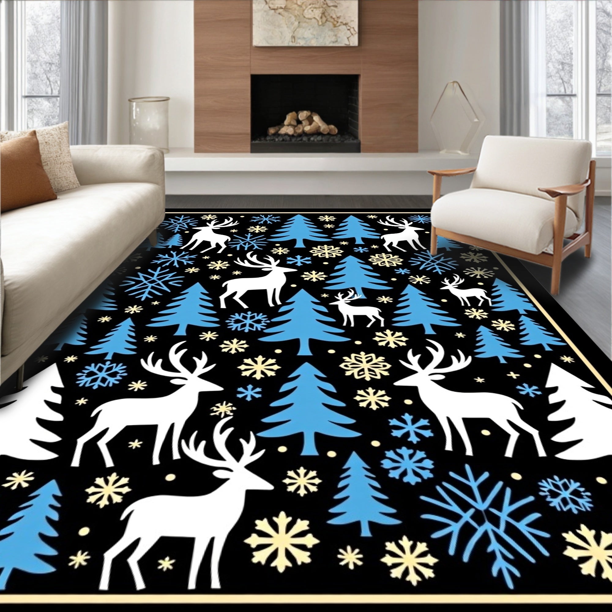 Winter Woodland Deer Snowflake Trees Rug