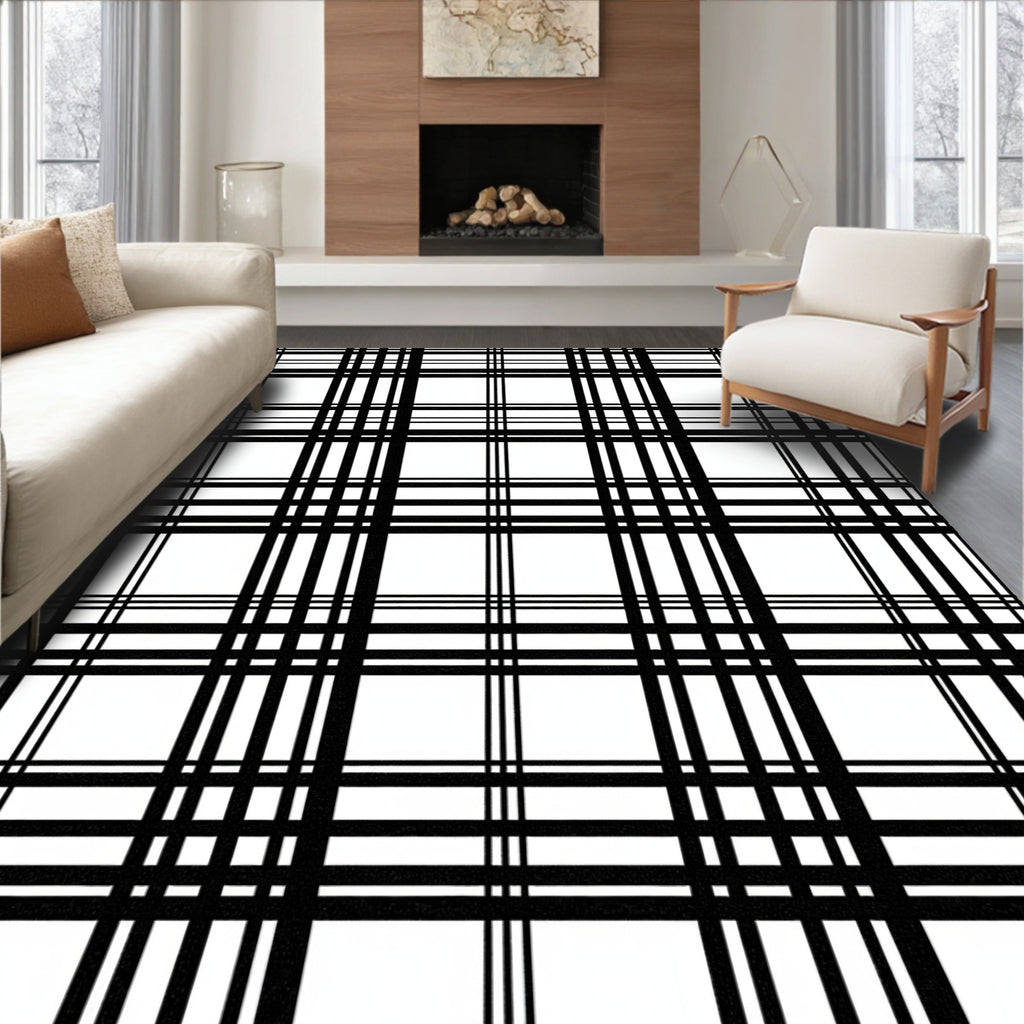 Classic Black White Grid Pattern Rug