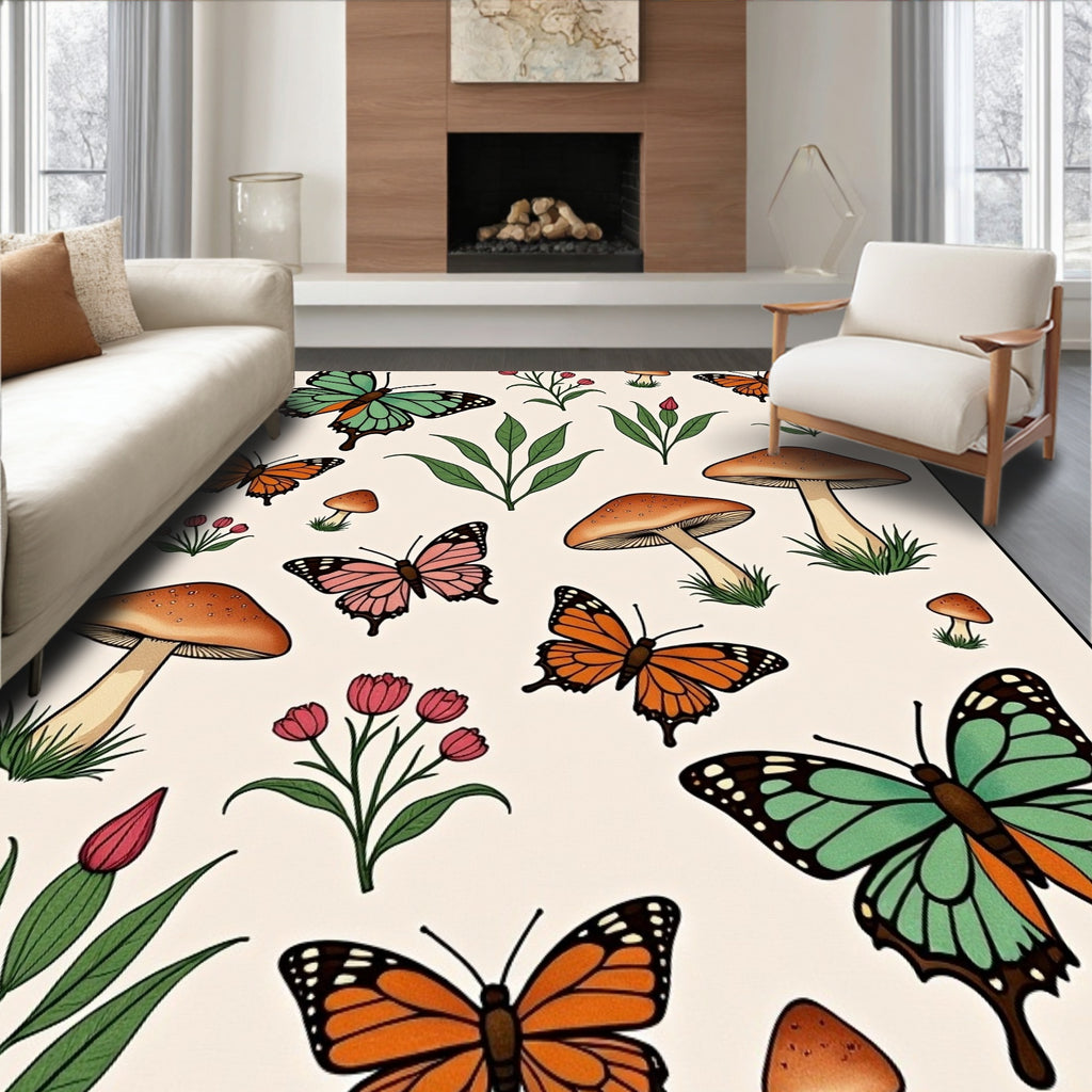 Whimsical Butterflies and Mushrooms Pattern Rug