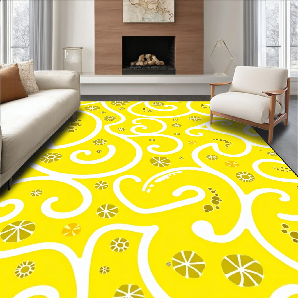 Whimsical Yellow Swirl Floral Design Rug