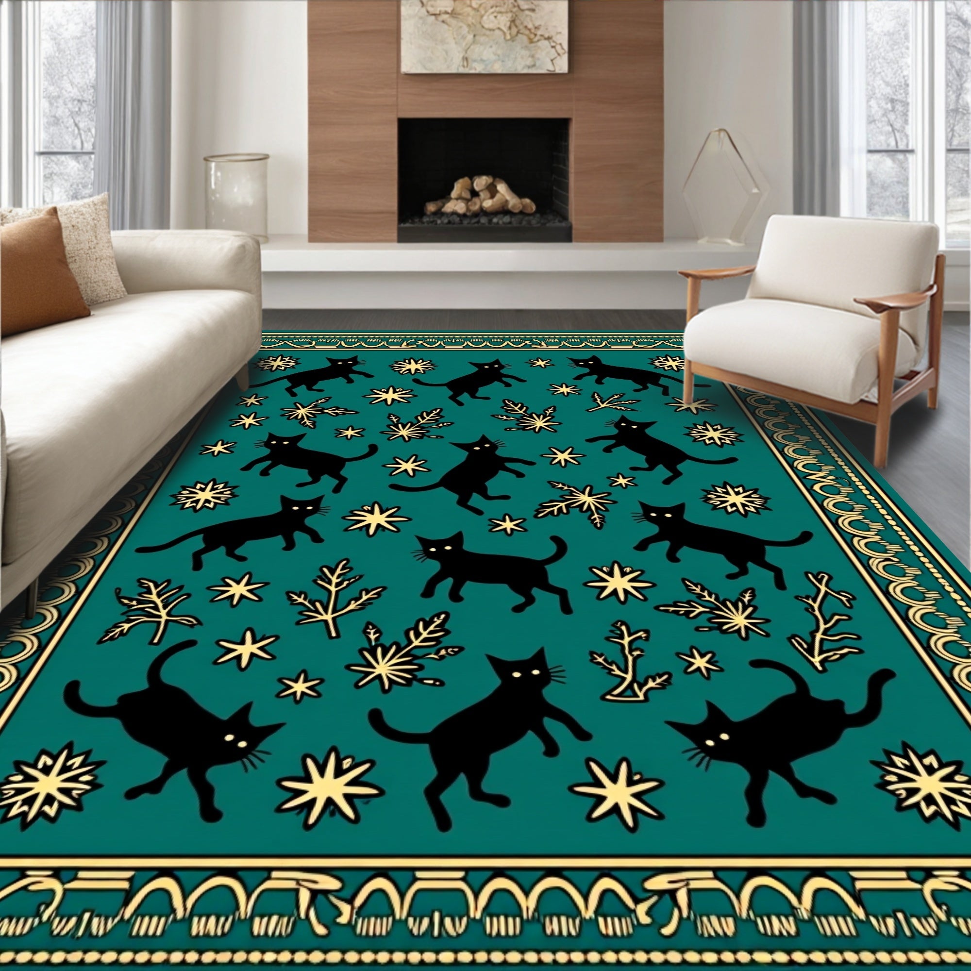 Whimsical Black Cats Stars Border Design Rug