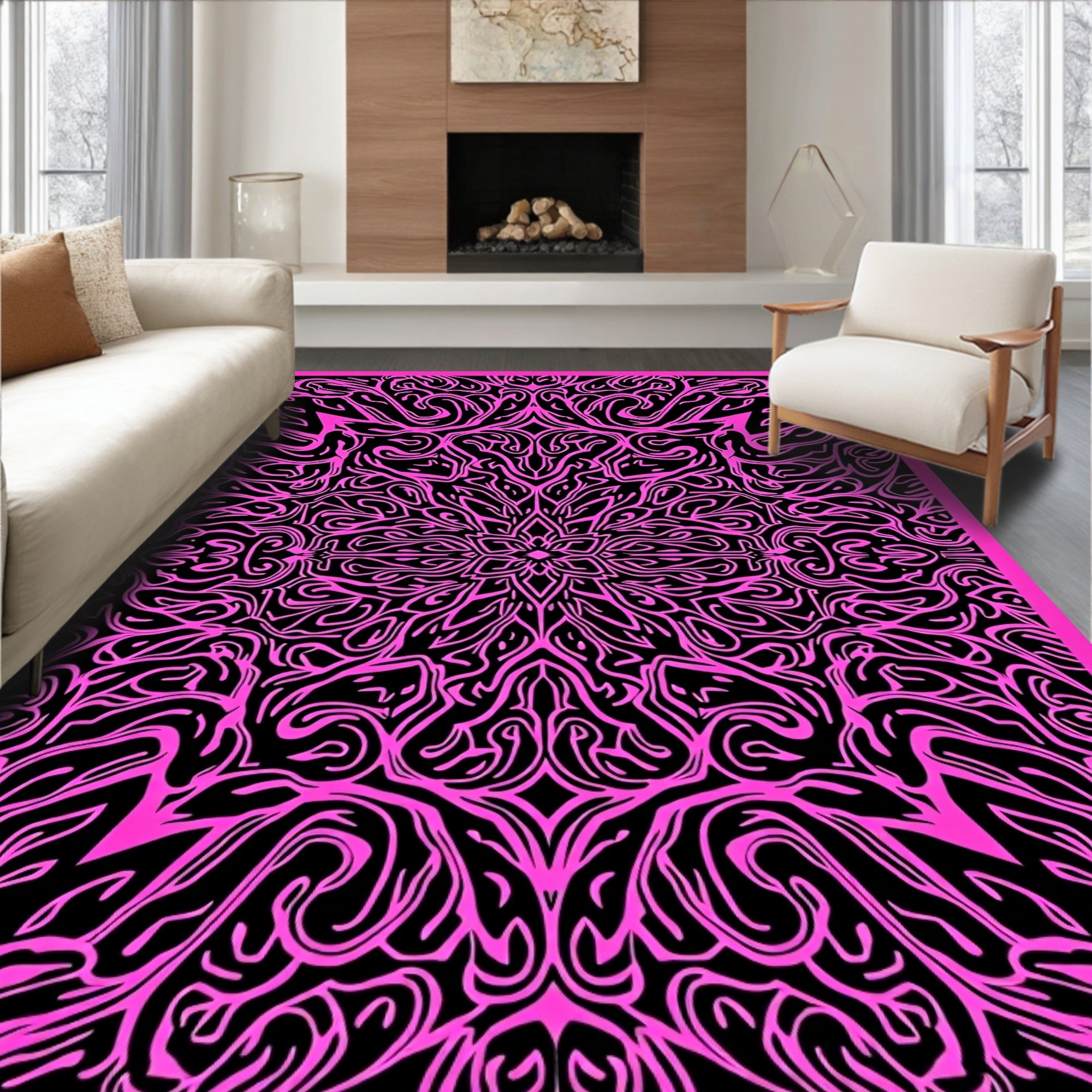 Intricate Pink And Black Abstract Design Rug