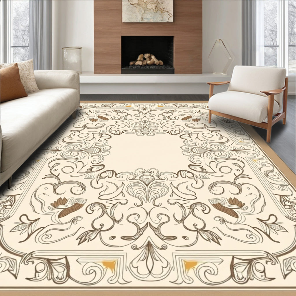 Elegant Beige Scrollwork Floral Design Rug