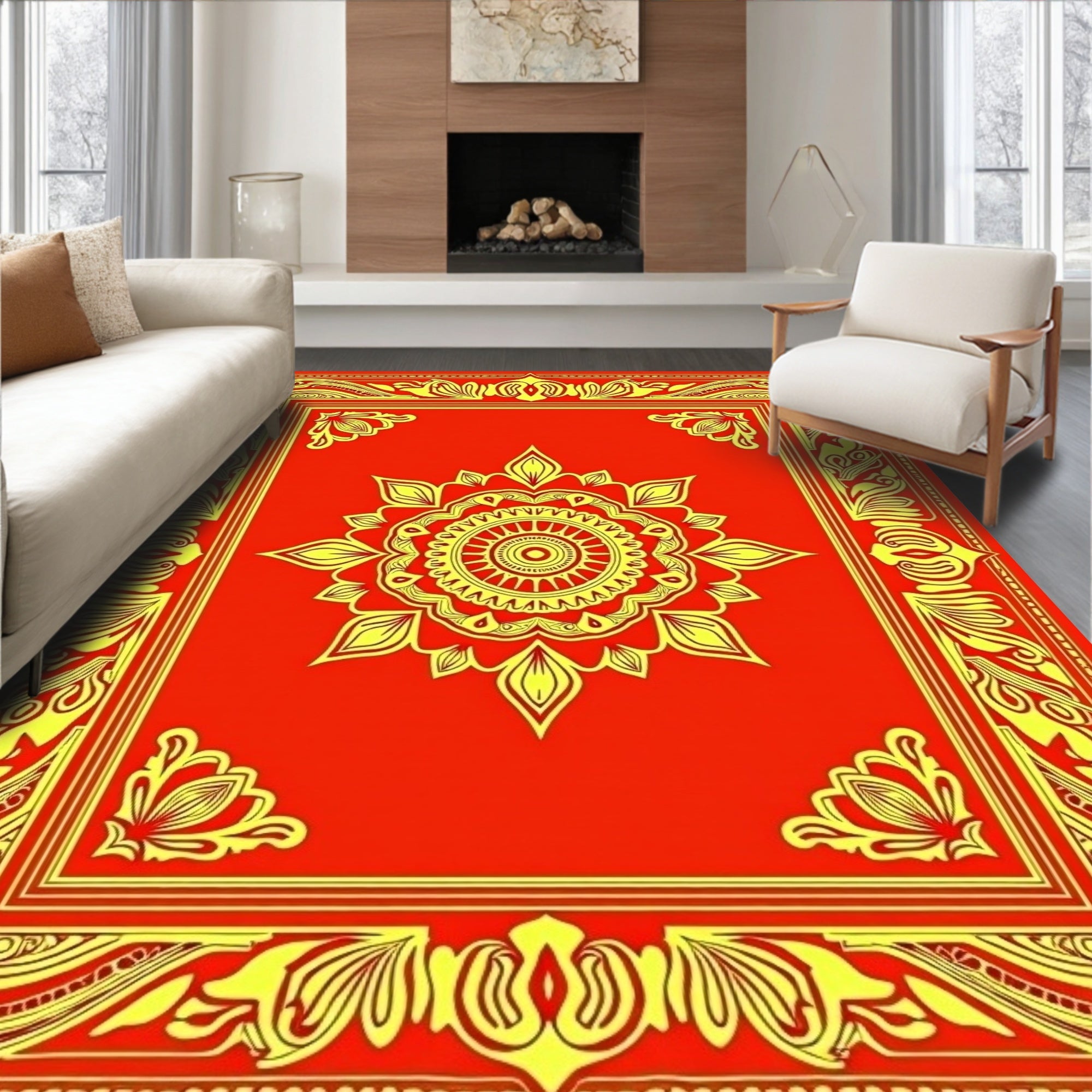 Ornate Red Yellow Floral Mandalas Rug