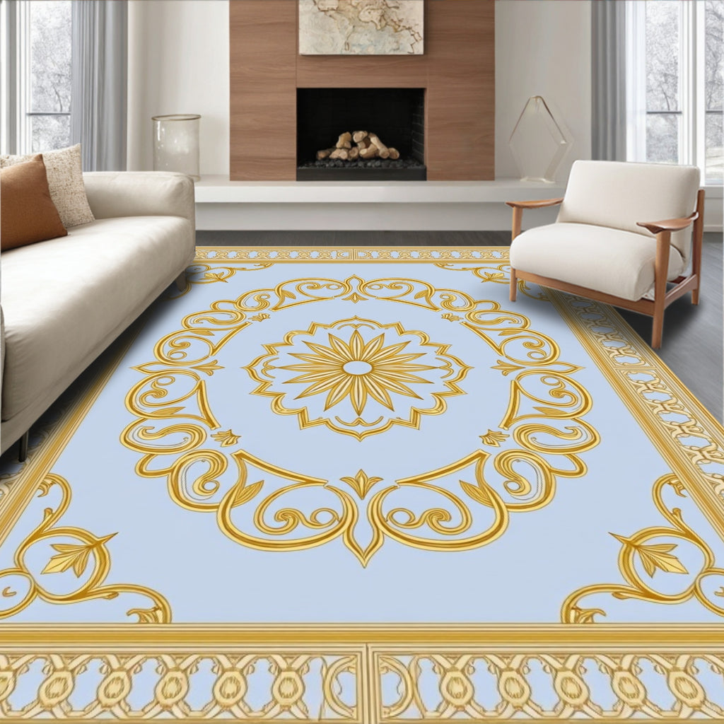 Golden Scrollwork With Sunburst Motif Rug