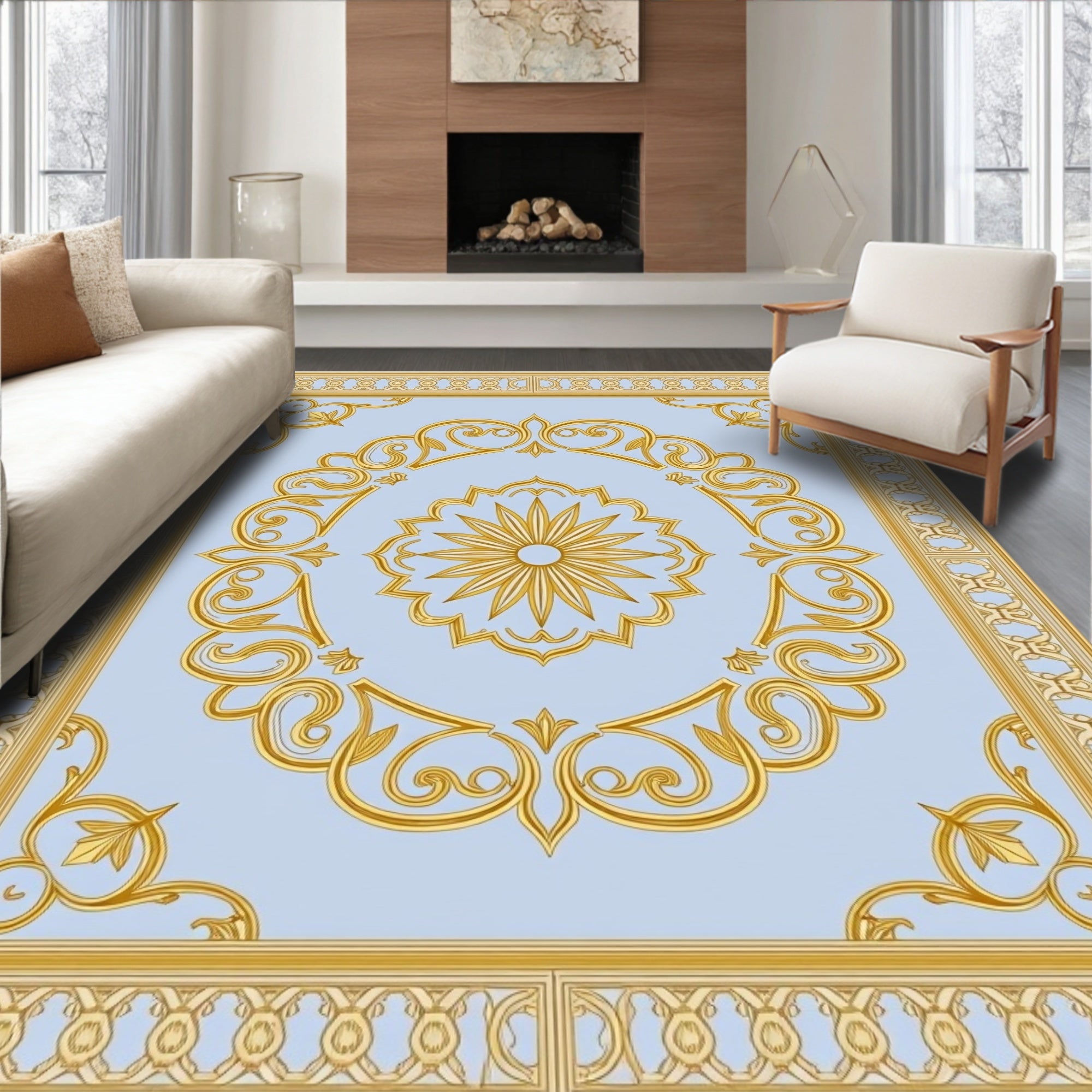 Golden Scrollwork With Sunburst Motif Rug