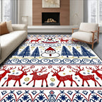 Red Snowman Deer Forest Borders Rug