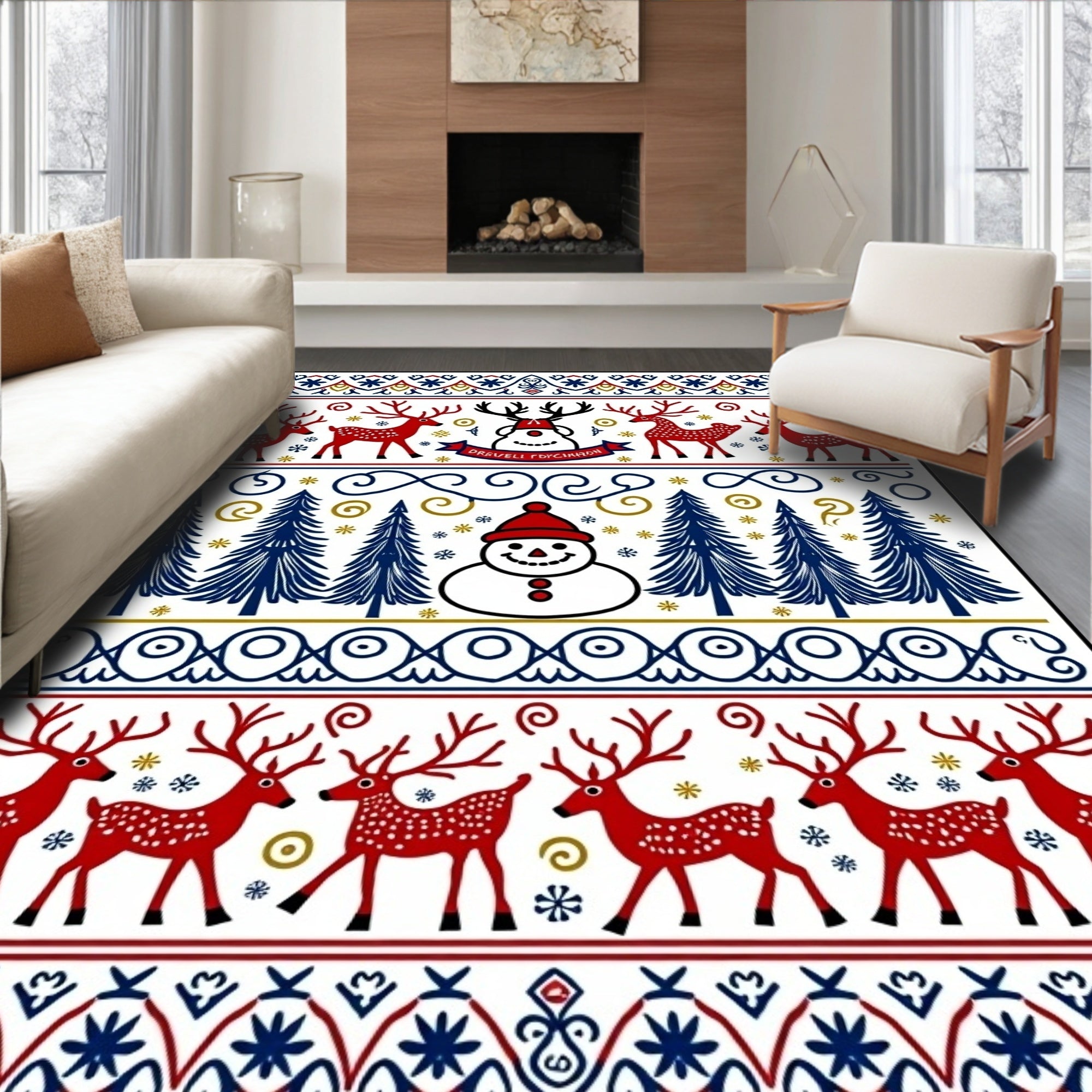 Red Snowman Deer Forest Borders Rug