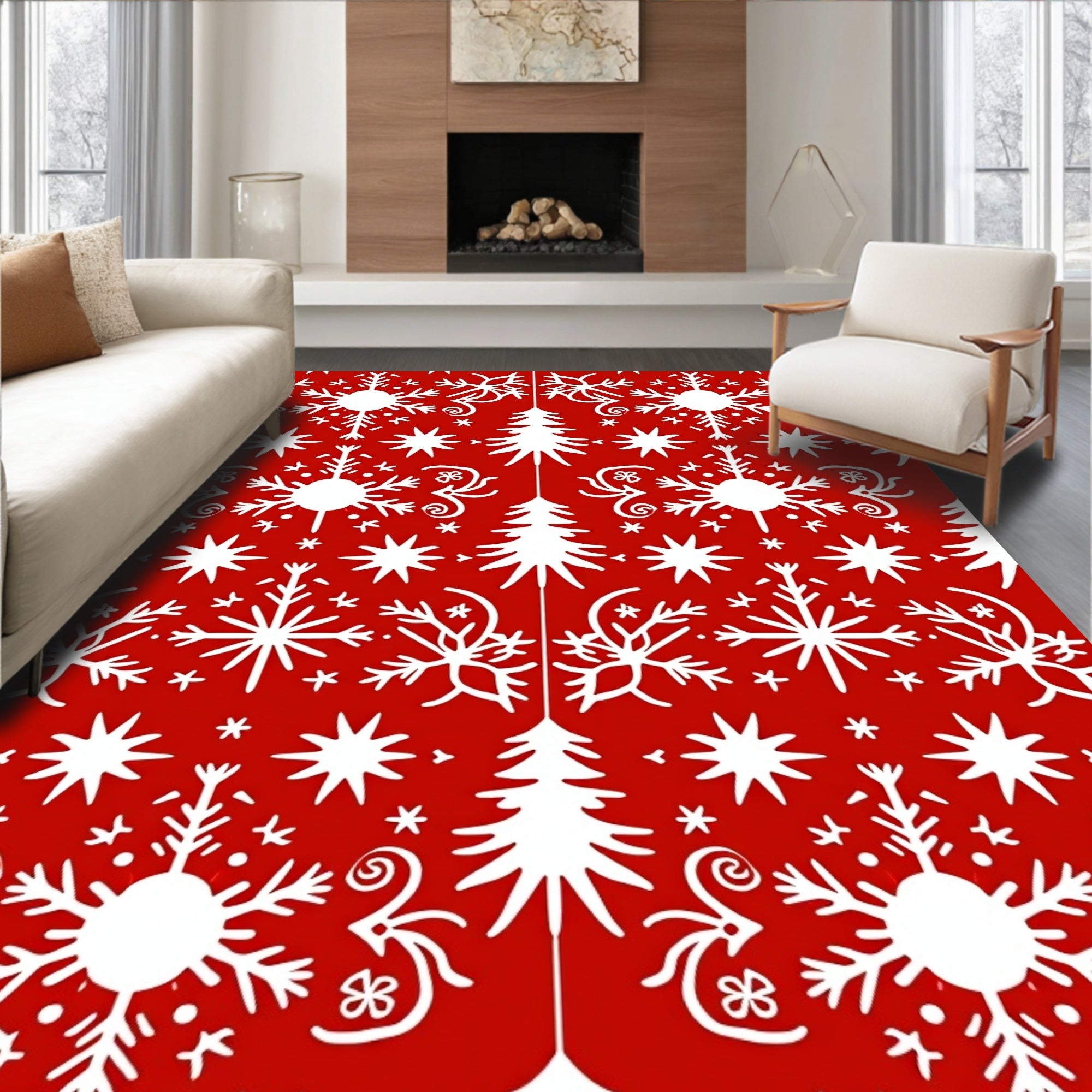 Red White Winter Snowflake Pattern Rug