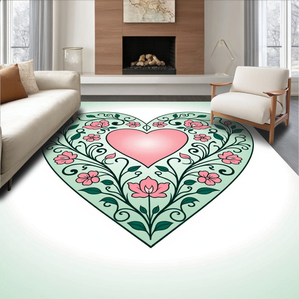 Floral Heart Patterned Mint Pink Rug
