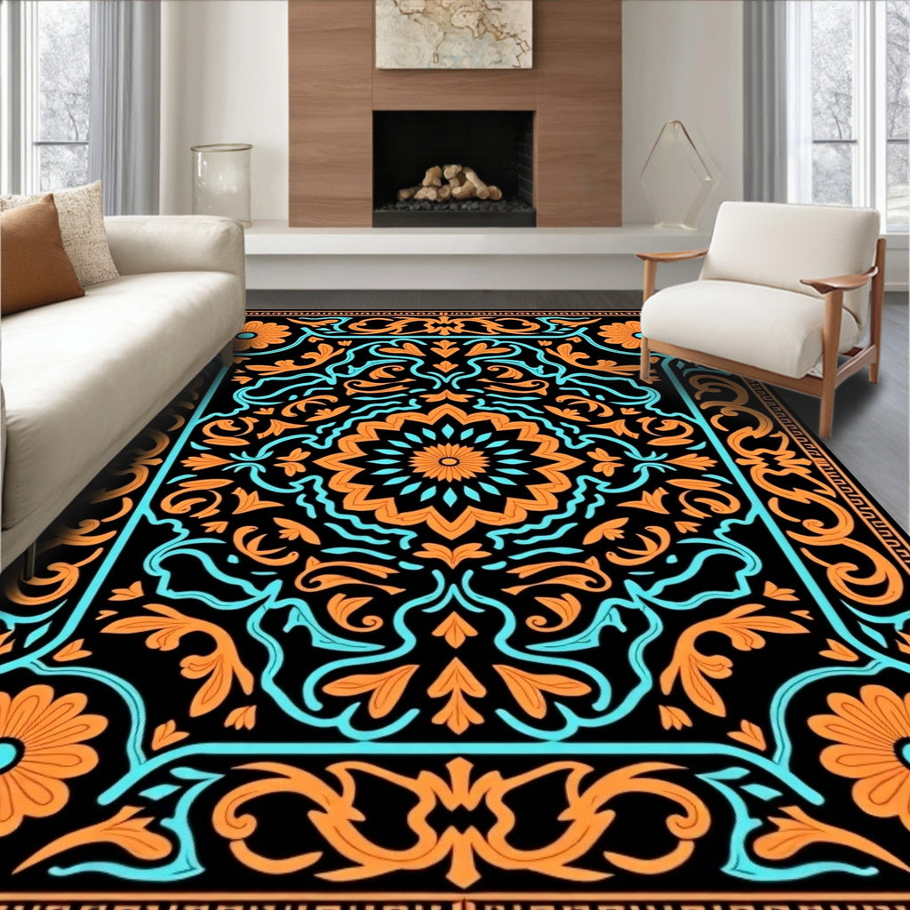 Orange Blue Floral Medallion Pattern Rug