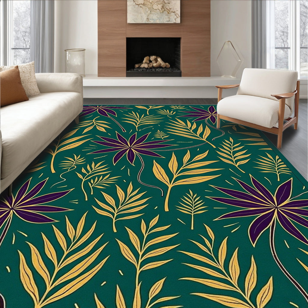 Deep Teal Tropical Leaf Arrangement Rug