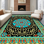 Intricate Floral Medallion Black Blue Rug
