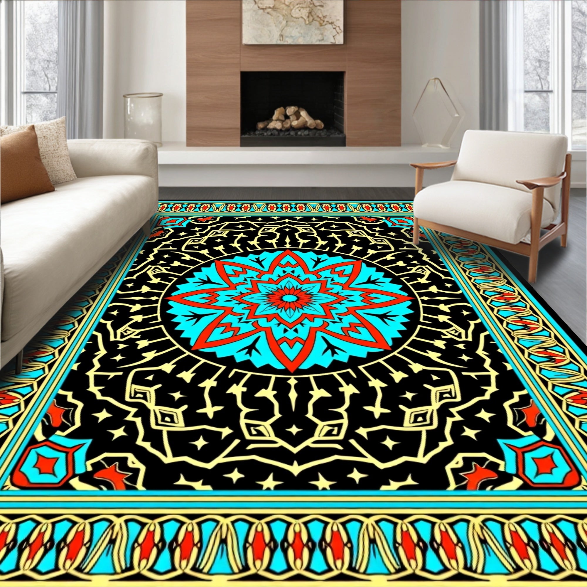 Intricate Floral Medallion Black Blue Rug