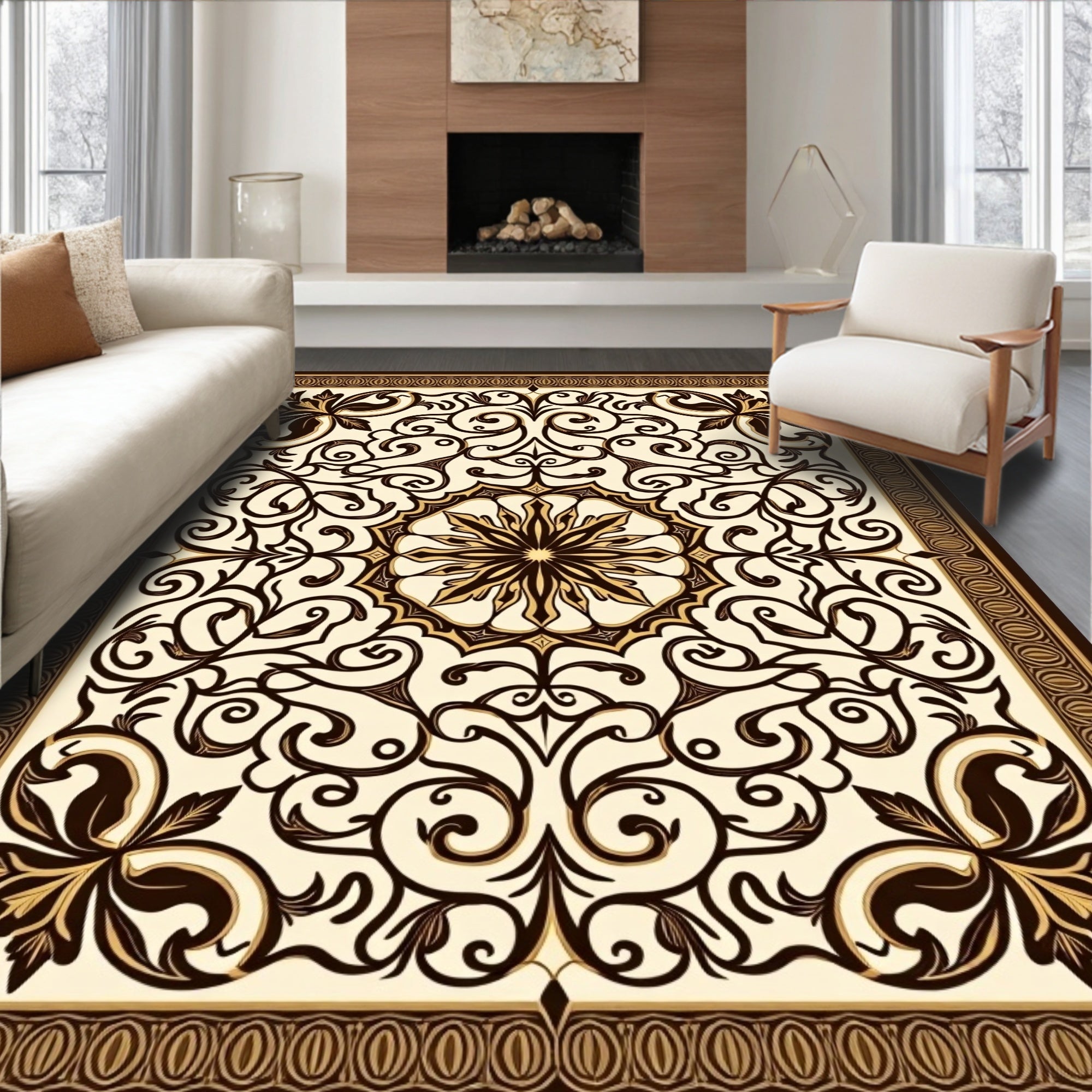 Classic Brown Floral Mandala Design Rug