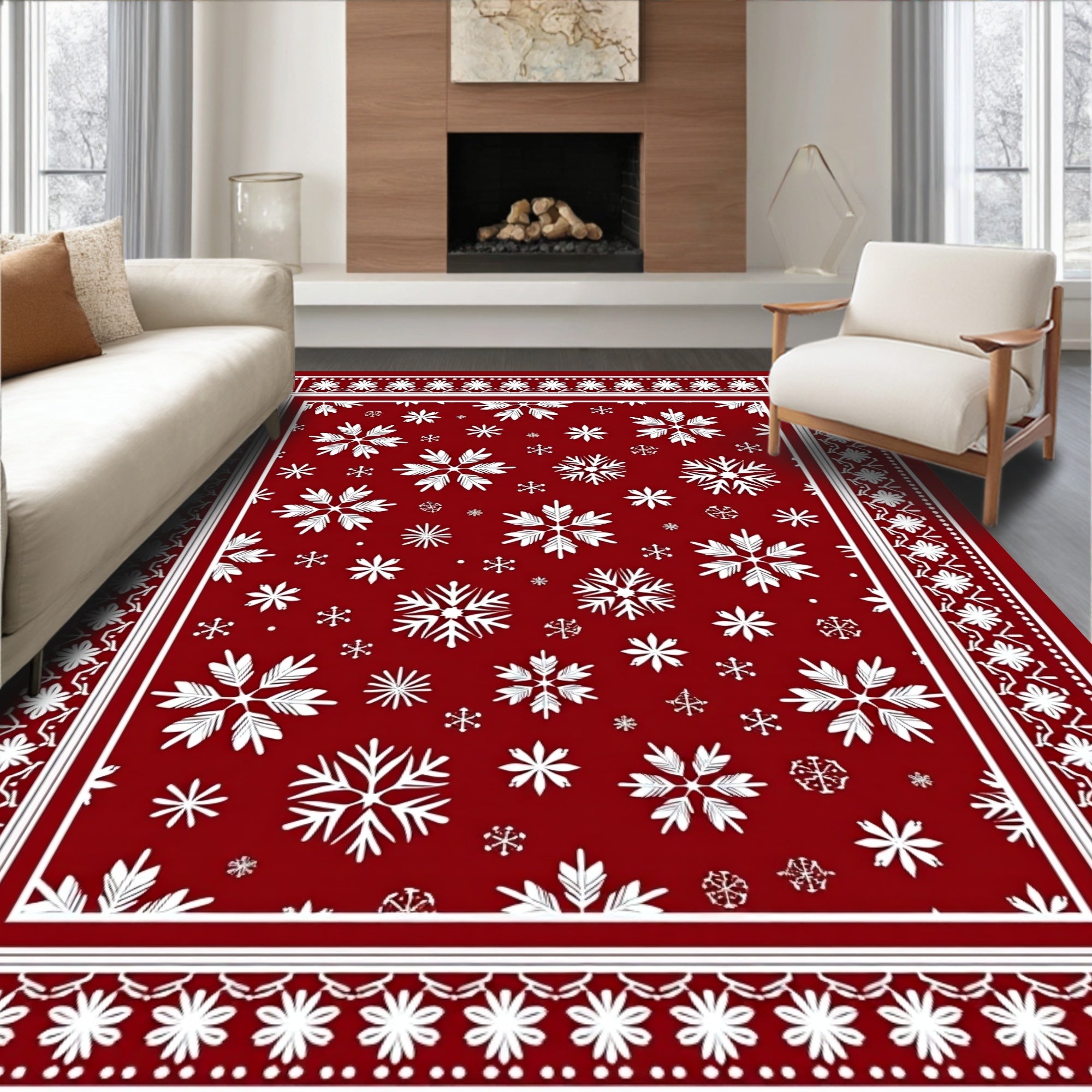 White Snowflake Patterned Red Area Rug