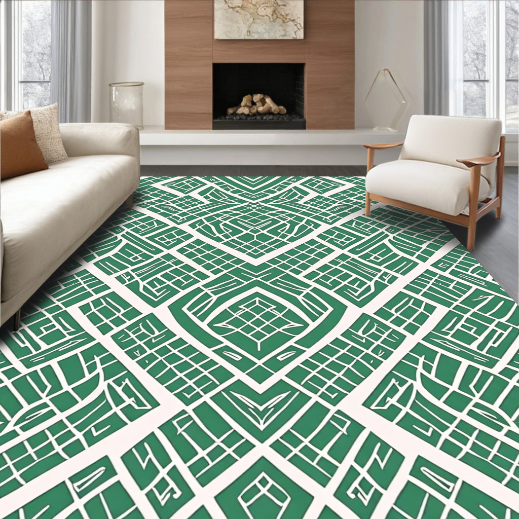 Geometric Green White Labyrinth Pattern Rug