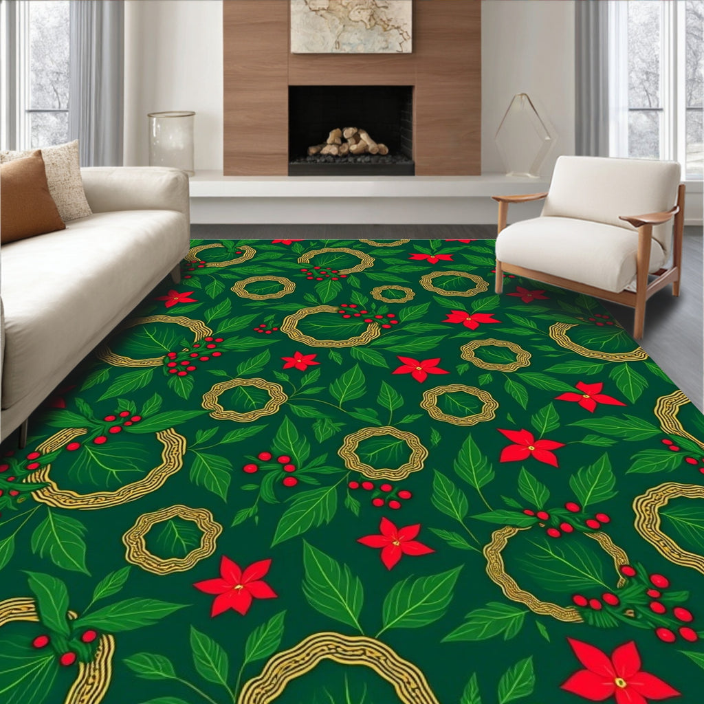 Festive Holly Berry Leaf Pattern Rug