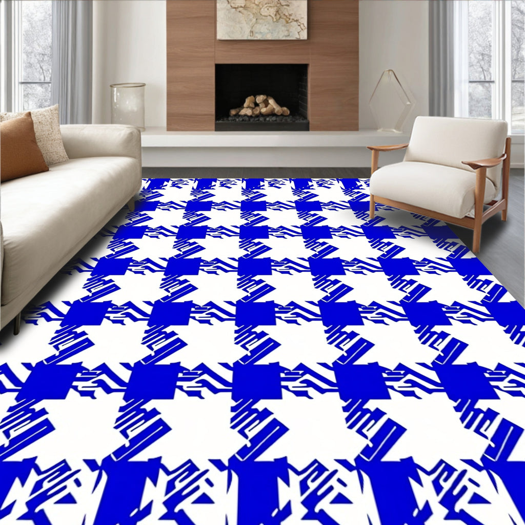 Classic Blue White Houndstooth Design Rug