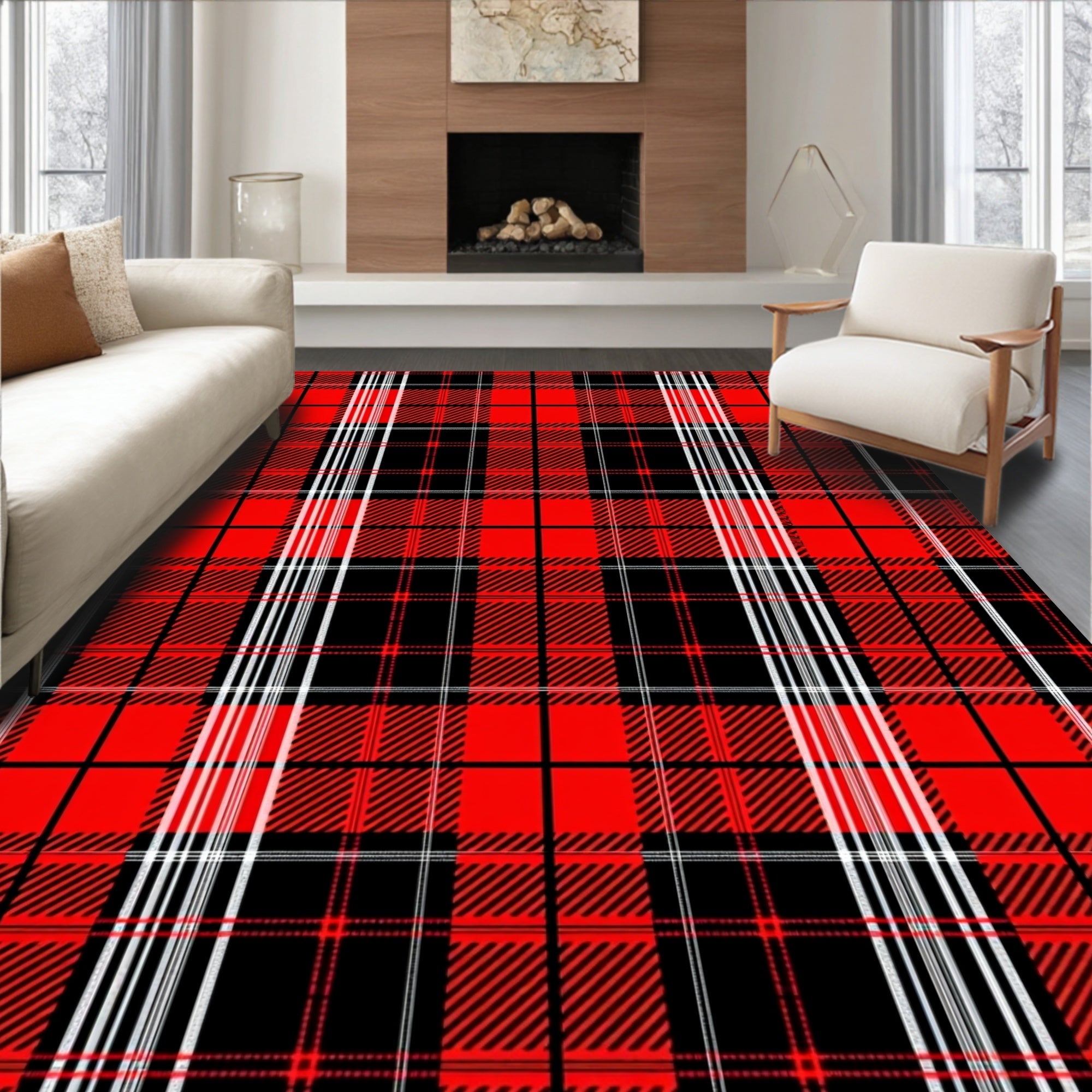 Classic Red Black Plaid Pattern Rug