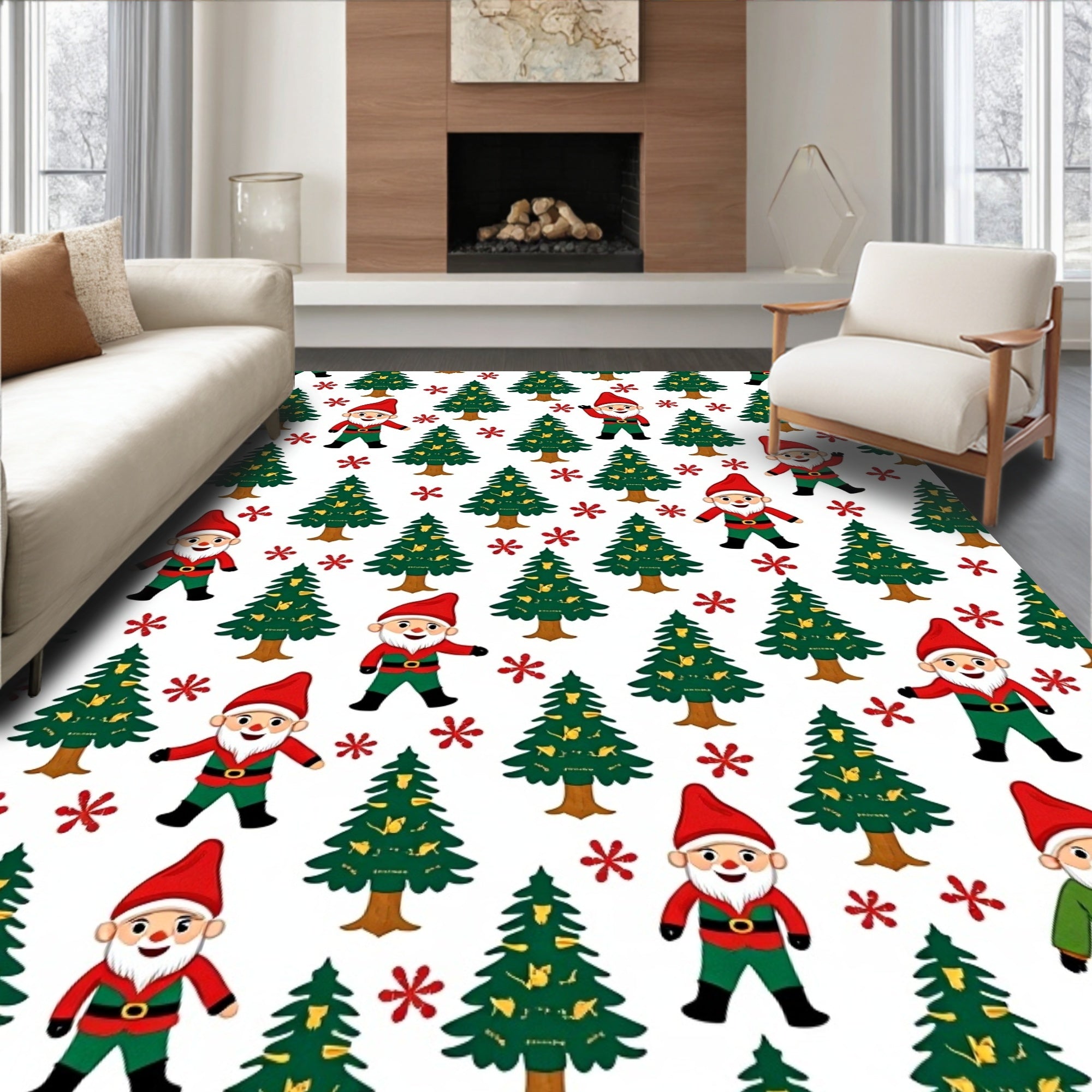 Festive Gnomes And Evergreen Trees Rug