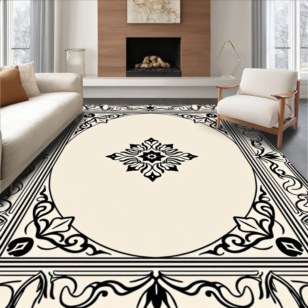 Ornate Black Floral Border Rug