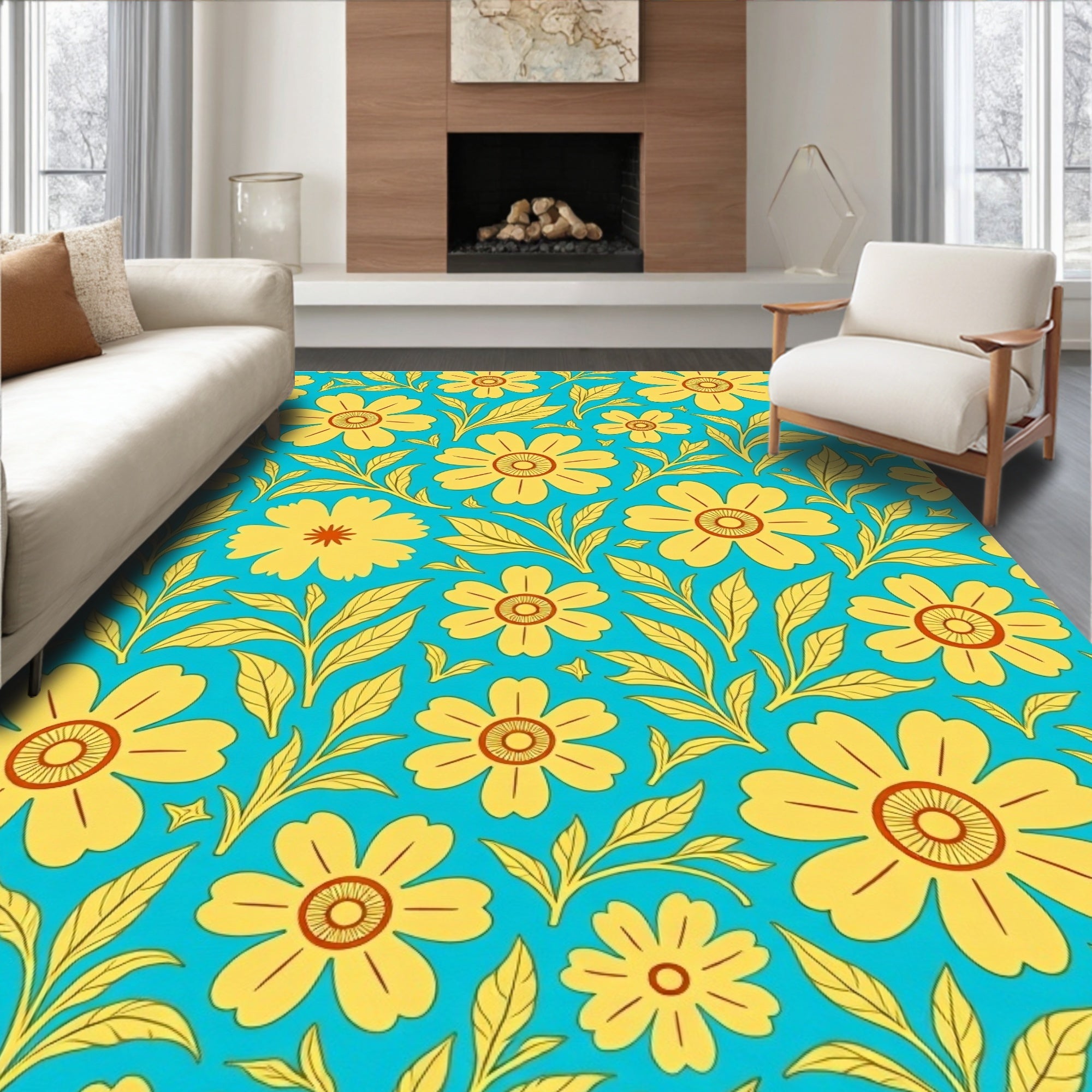 Golden Floral Pattern On Aqua Background Rug