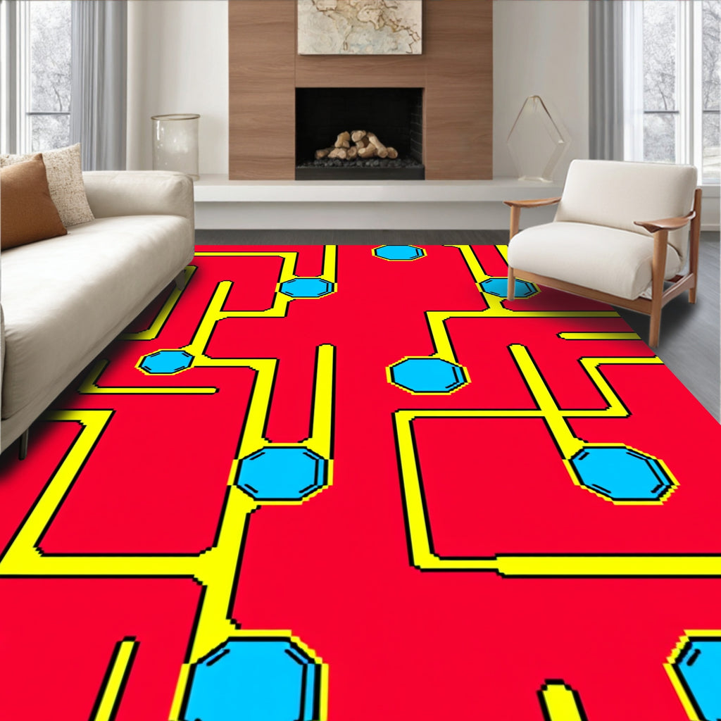 Red Yellow 8-Sided Blue Geometric Pattern Rug