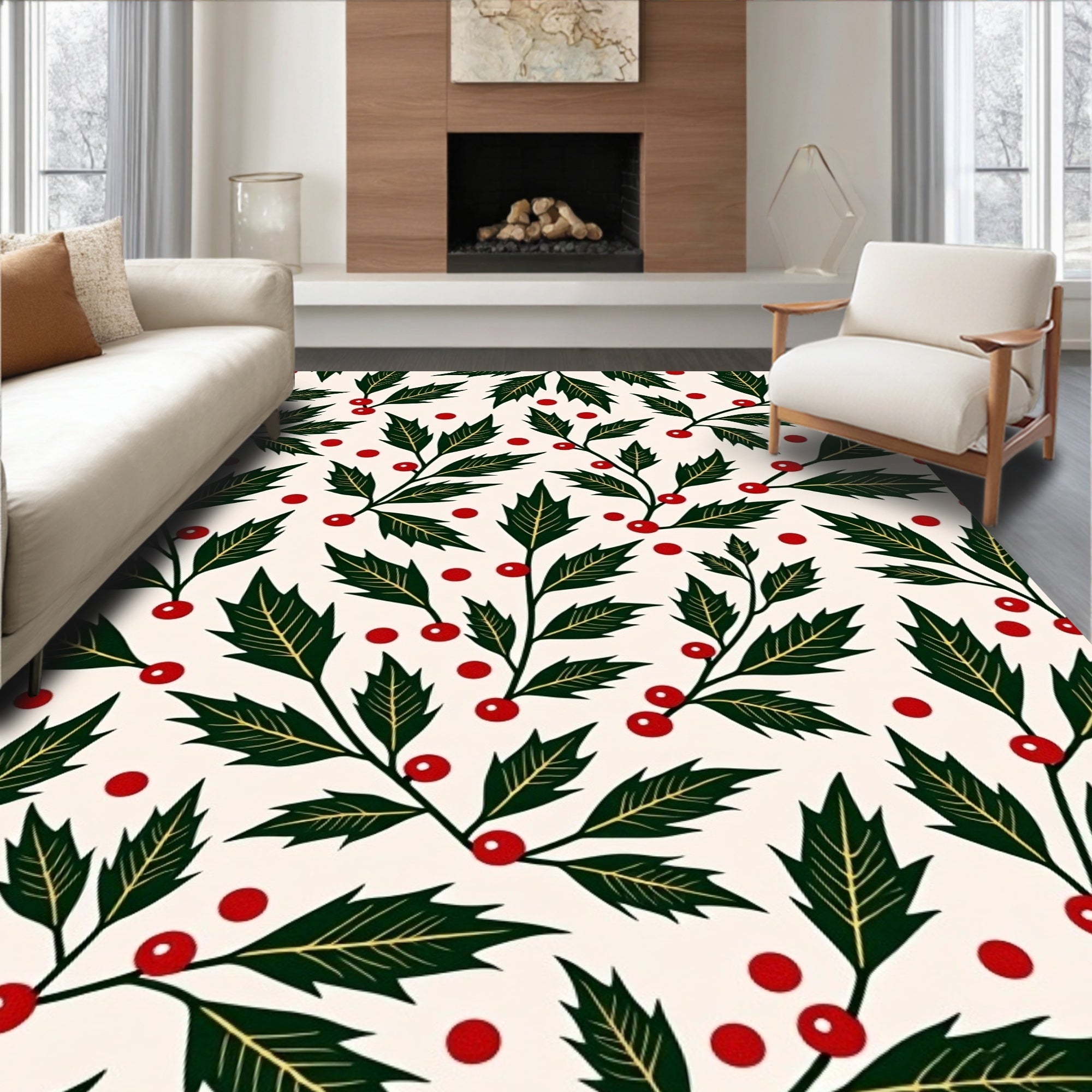 Holly Berry Festive Floral Pattern Rug