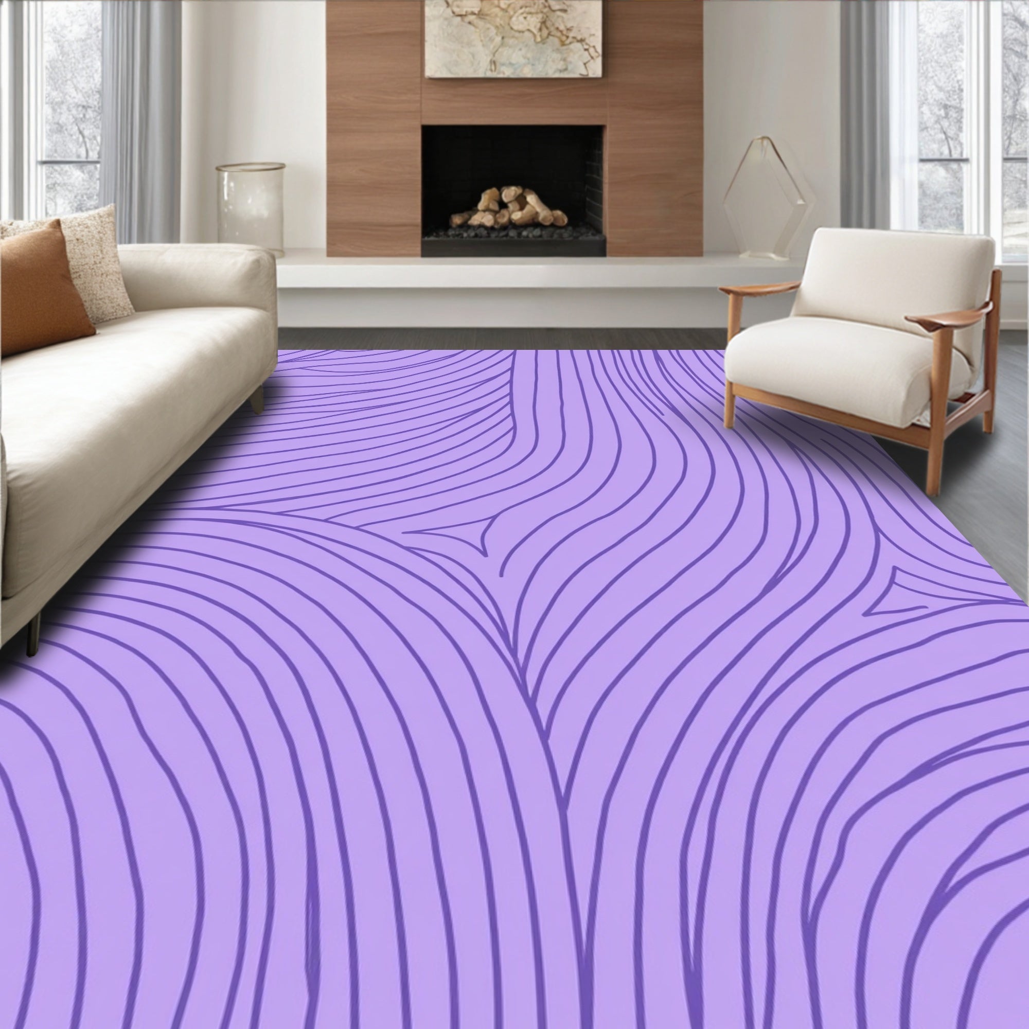 Abstract Purple Wavy Line Art Rug